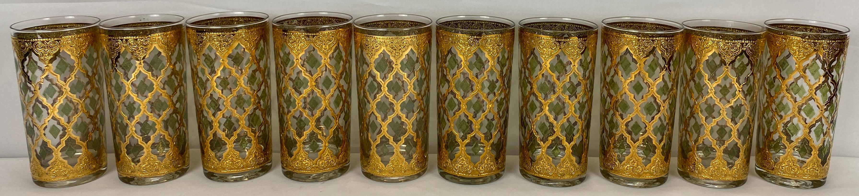 Mid-Century Modern Set of 10 Vintage Culver Highball Glasses with 22-Karat Gold Valencia Design