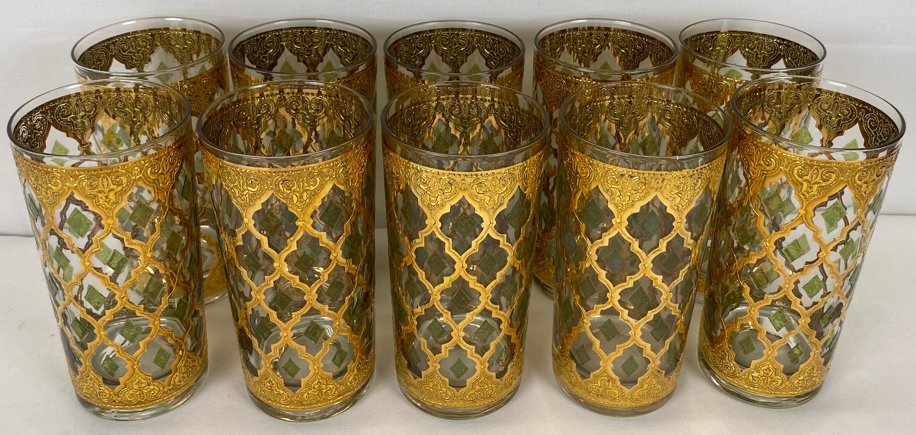 20ième siècle Ensemble de 10 verres vintage Culver Highball avec motif Valence en or 22 carats en vente