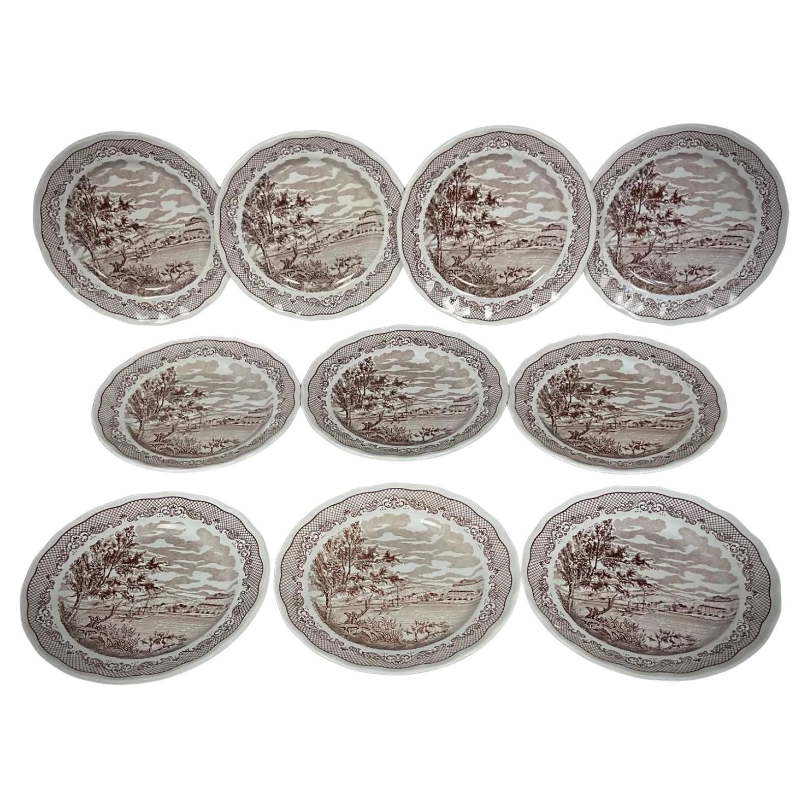 Set of 10 Vintage Dessert Plates – "HF Swiss Landscape" – Made in Italy - 2Y405