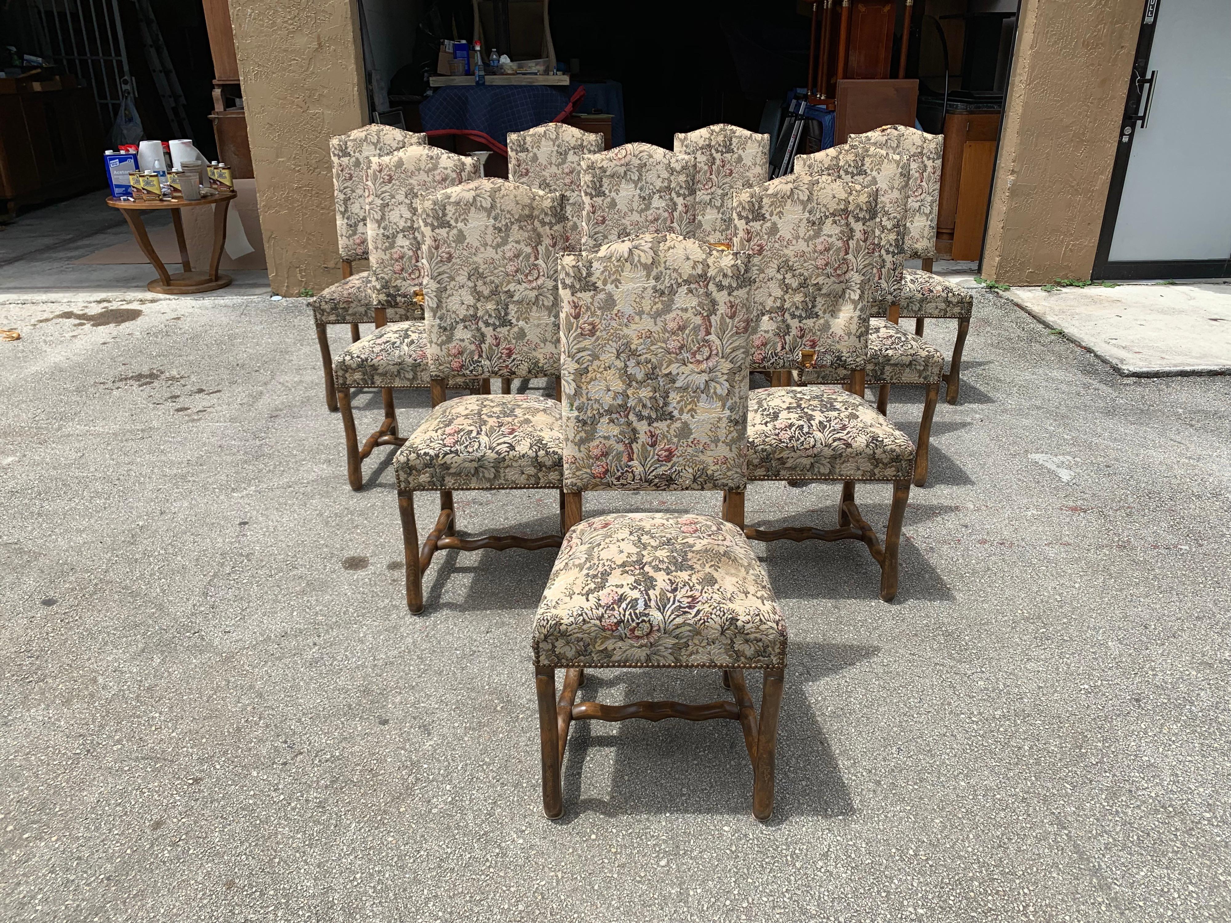 Set of 10 Vintage French Louis XIII Style Os De Mouton Dining Chairs, 1900s For Sale 7