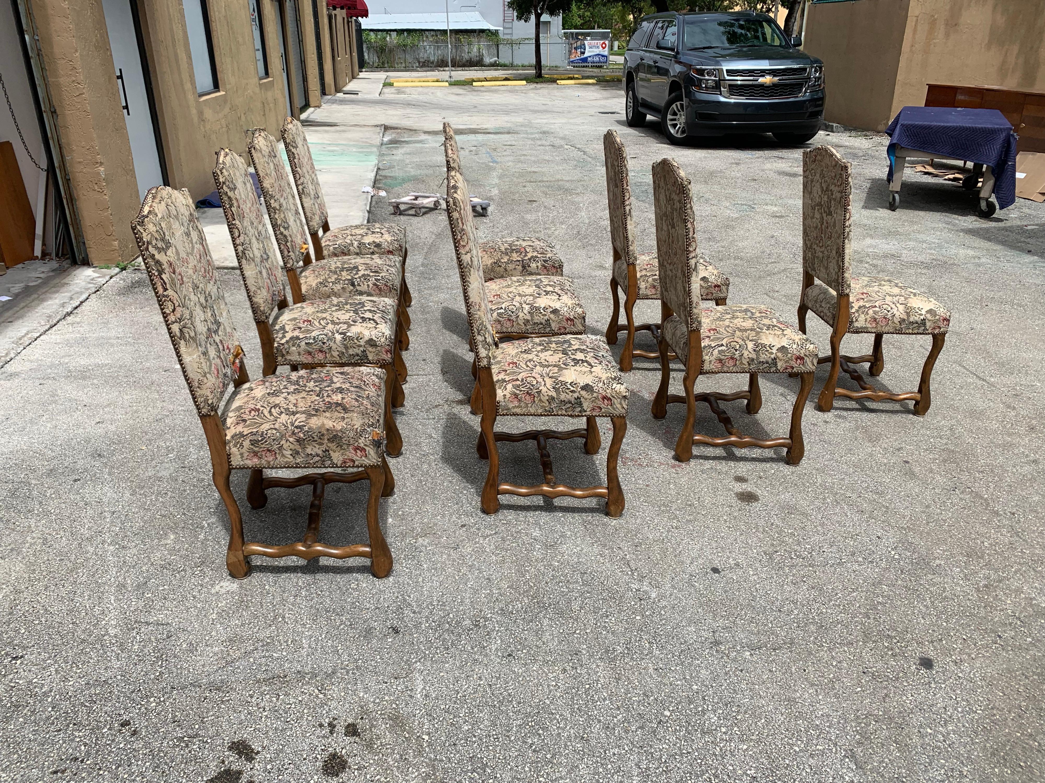 Set of 10 Vintage French Louis XIII Style Os De Mouton Dining Chairs, 1900s For Sale 3