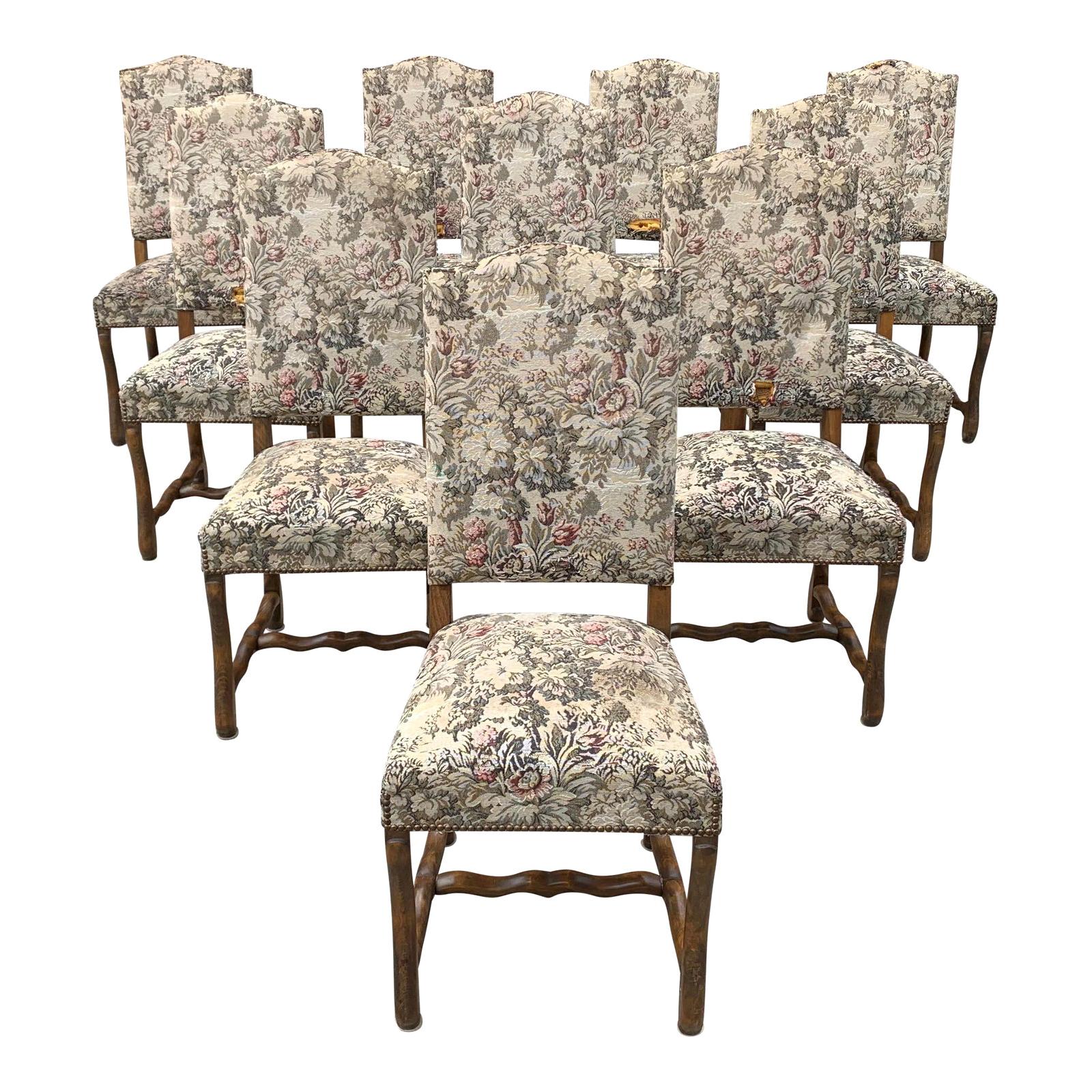 Set of 10 Vintage French Louis XIII Style Os De Mouton Dining Chairs, 1900s For Sale