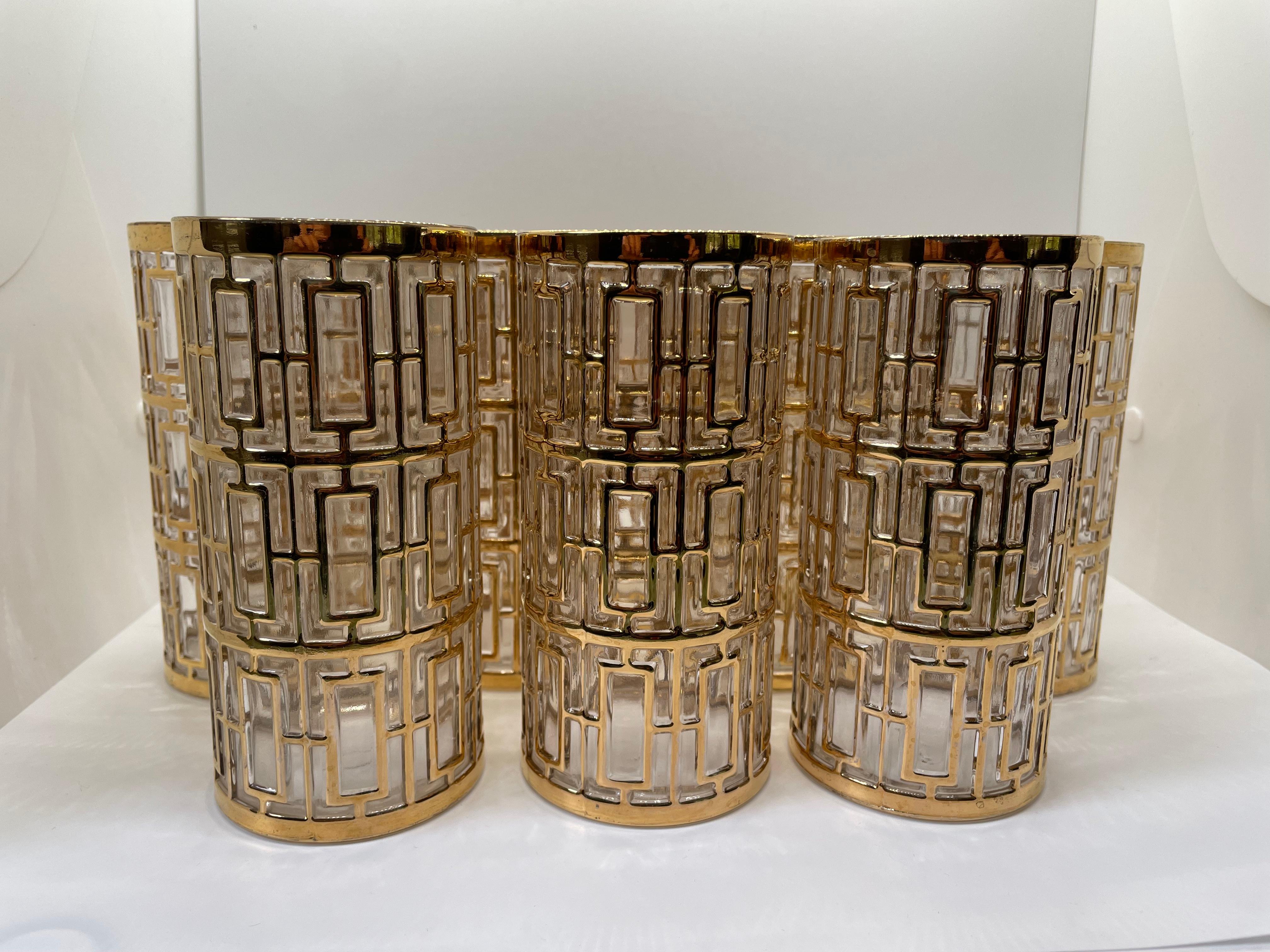 Gorgeous, glamorous gold glassware - Shoji by Imperial Glass! Set of 10 lovely tumblers for the cocktail connoisseur, finished with 22k gold. Collins or tall tumbler size. Add the perfect stylish note to your vintage bar!