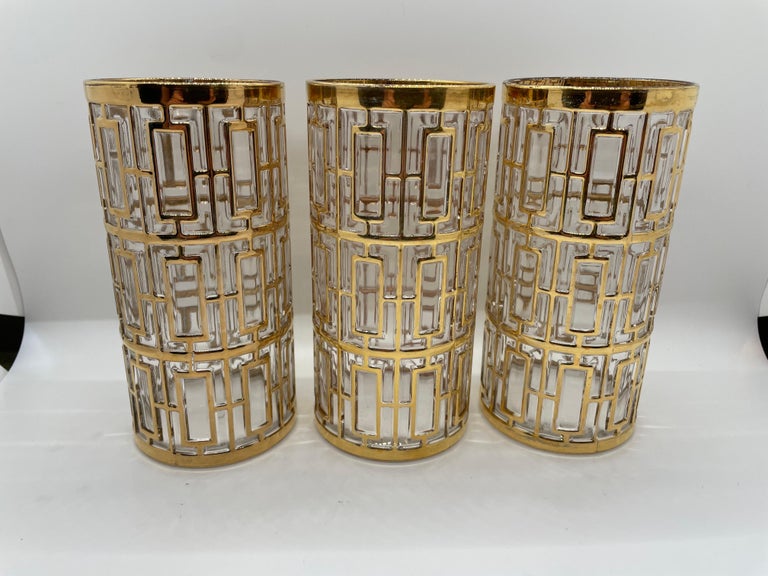 Hollywood Regency Set of 10 Vintage Imperial Glass Shoji Tall Tumblers / Collins Glasses 22k Gold For Sale
