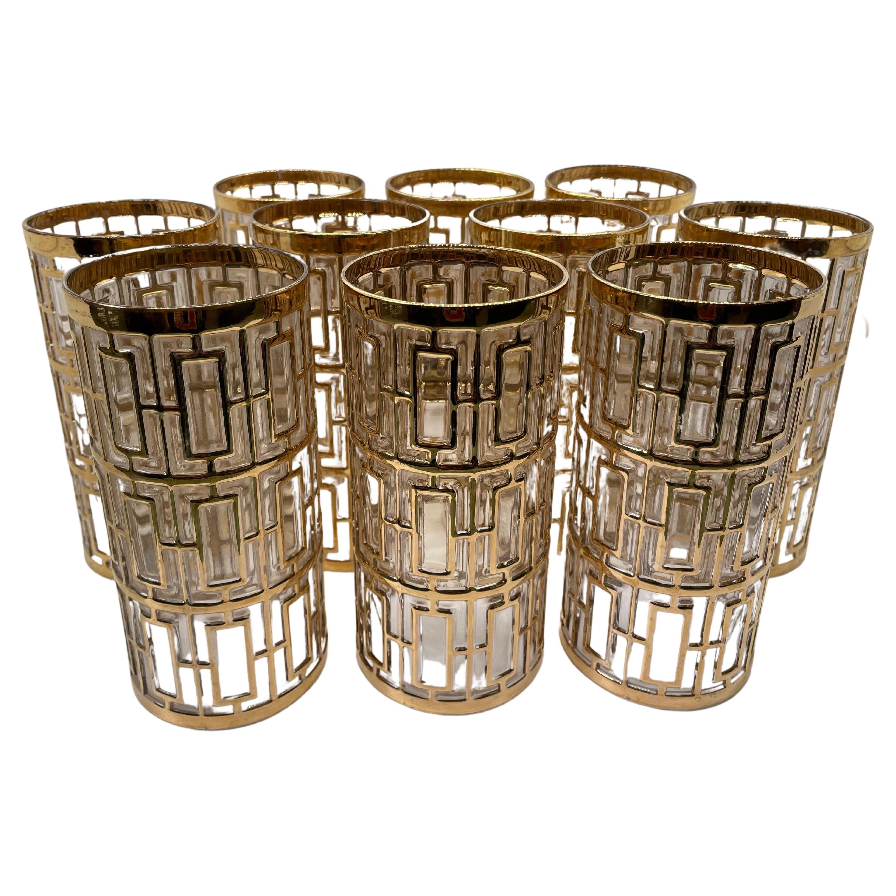 Set of 10 Vintage Imperial Glass Shoji Tall Tumblers / Collins Glasses 22k Gold
