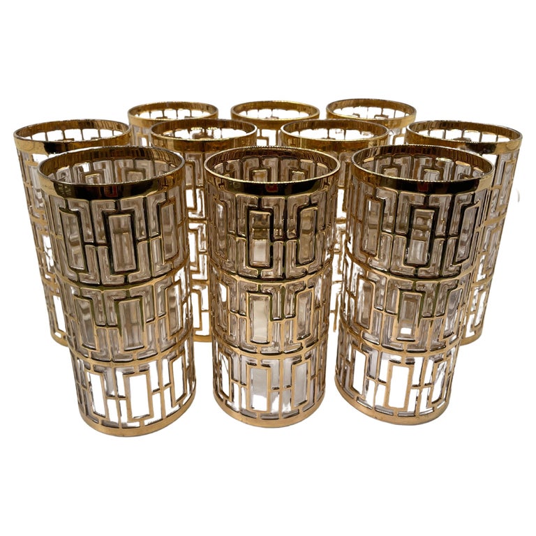Set of 10 Vintage Imperial Glass Shoji Tall Tumblers / Collins Glasses 22k Gold For Sale
