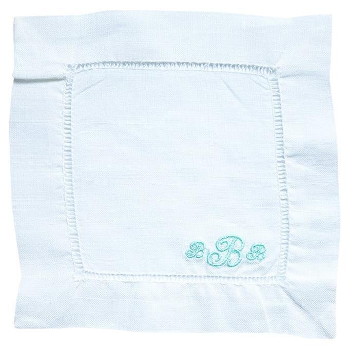 Chinoiserie Set of 10 Vintage Square Monogrammed Cocktail Napkins in White and Blue - BBB For Sale