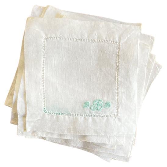 Set of 10 Vintage Square Monogrammed Cocktail Napkins in White and Blue - BBB For Sale