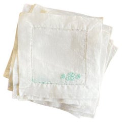 Set of 10 Vintage Square Monogrammed Cocktail Napkins in White and Blue - BBB