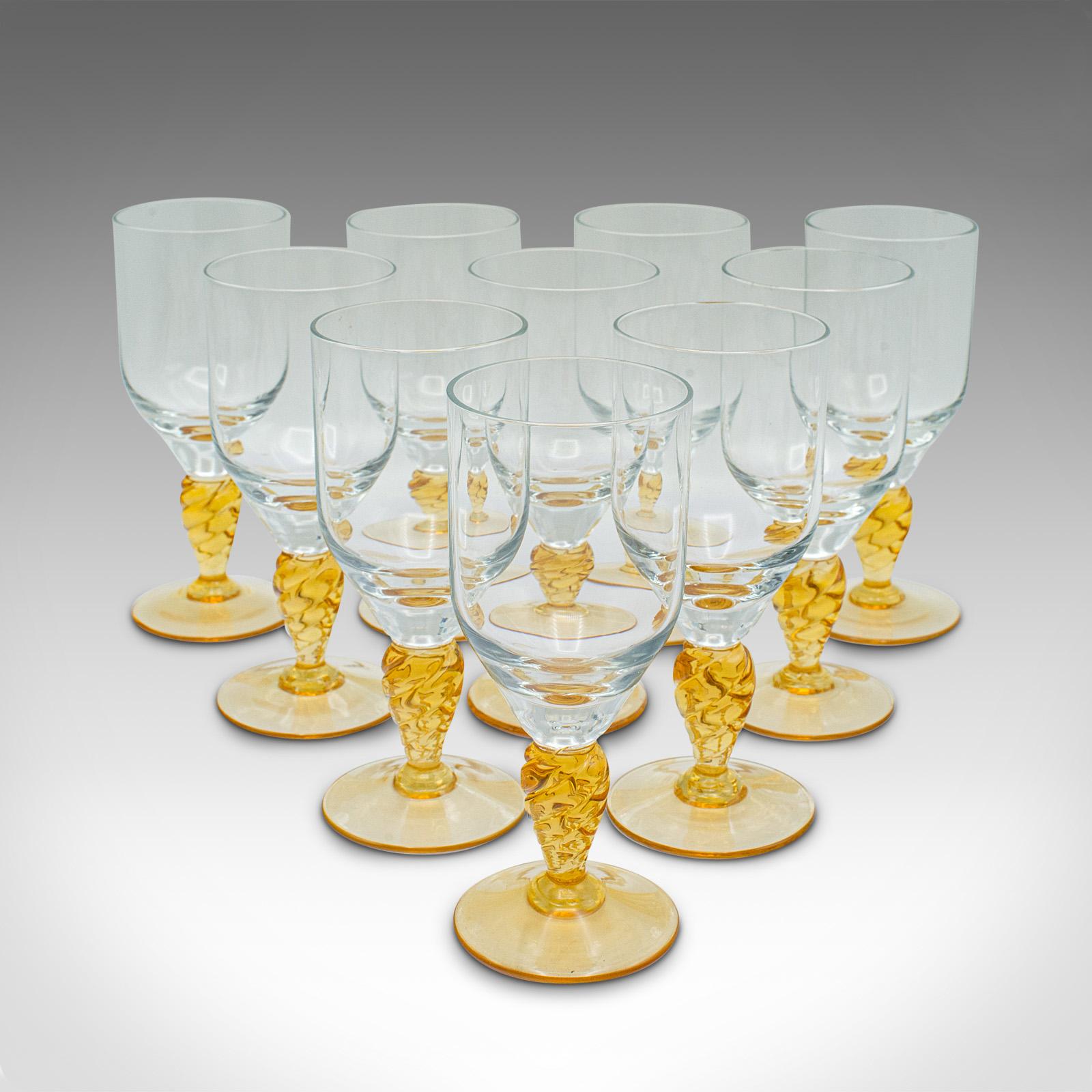 
Set of 10 vintage stem glasses. A French, decorative wine goblet or spirit glass, dating to the mid 20th century, circa 1950.

Delightful small glasses with an attractive dual colour finish
Comprehensive set of ten glasses - ideal for