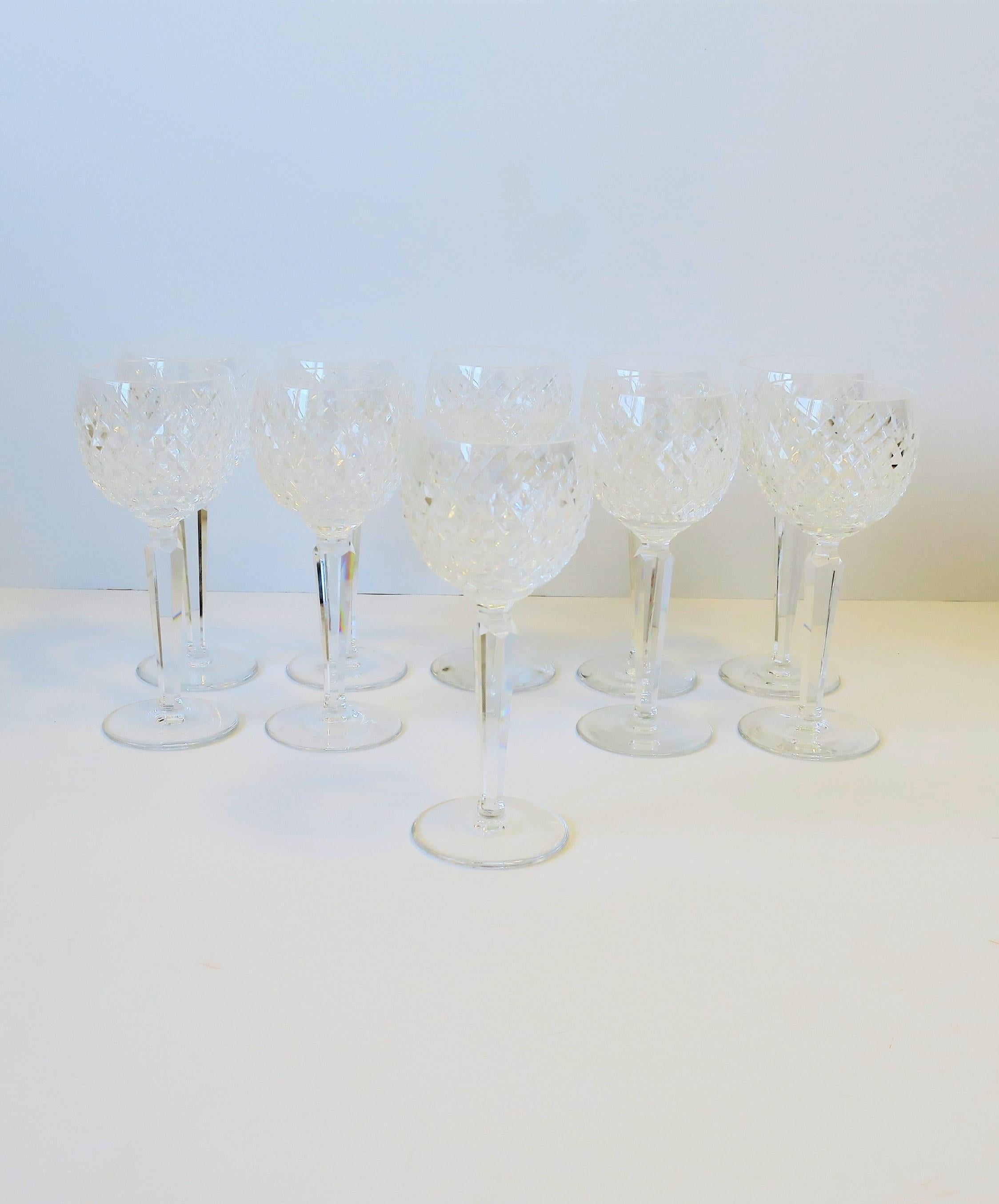 A beautiful and substantial set of 10 vintage Waterford crystal wine, Champagne, or water goblet glasses with a 'Diamond' pattern design, circa 20th century, Ireland. Crystal glasses have a nice weight to them, with each measuring 7.5