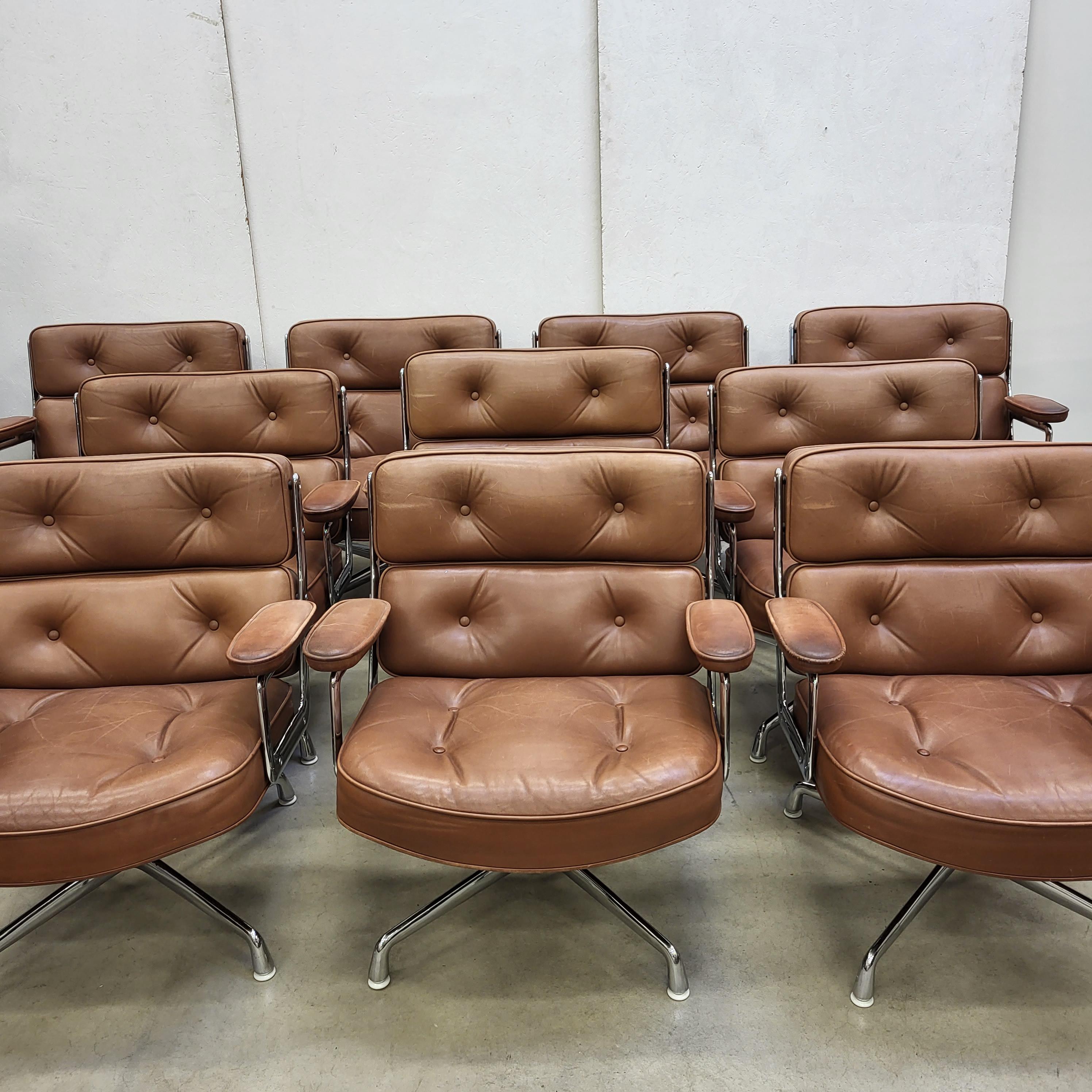 Rare set of 10 Time life Lobby Chair model ES105 produced by Vitra/Herman Miller. 
The chairs features a chromed aluminium frame on a chromed aluminium base.
Rare and wonderful colour combination and the wider ES105 edition.

Overall the Lobby