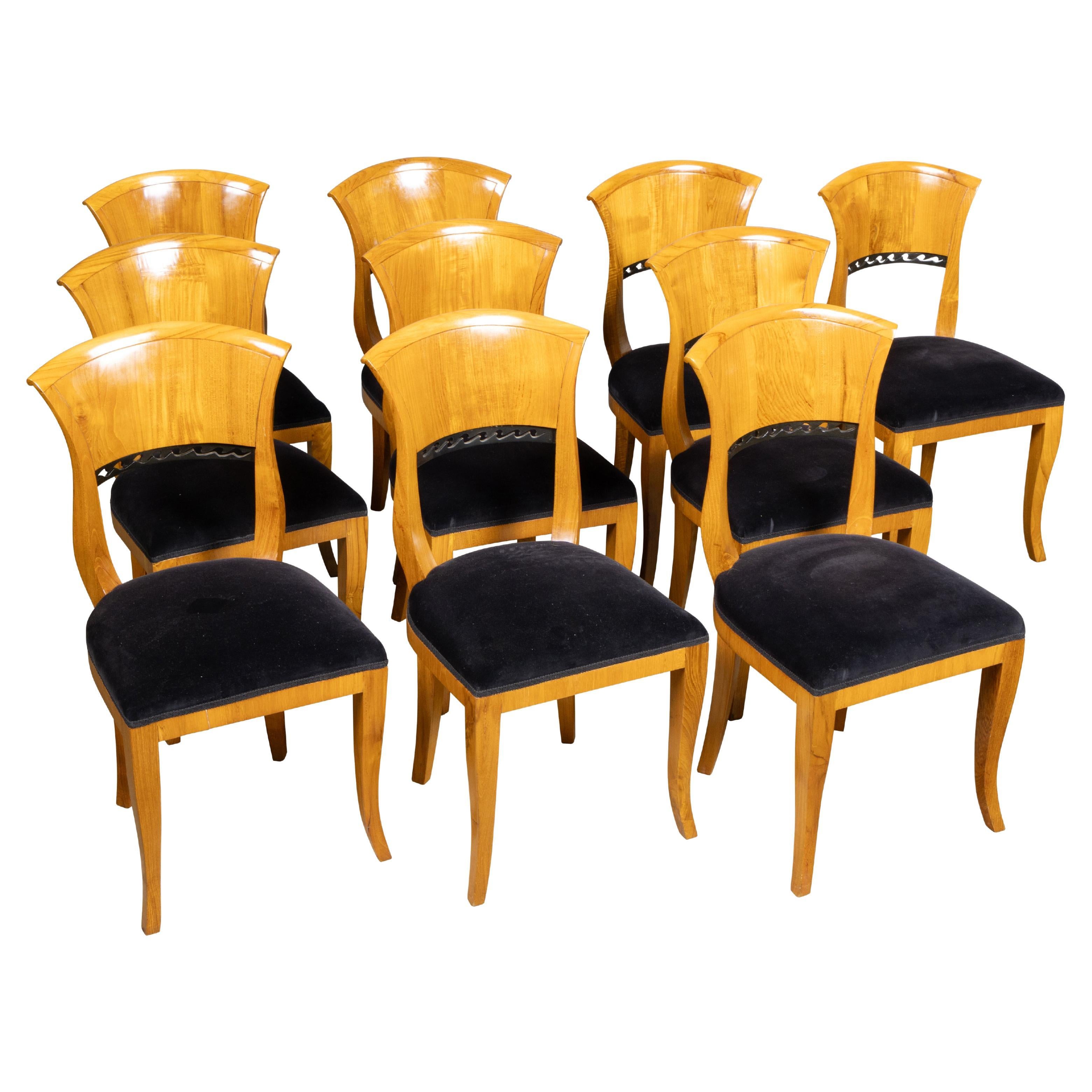 Set of 10 Walnut Biedermeier Style Dining Chairs, circa 1920