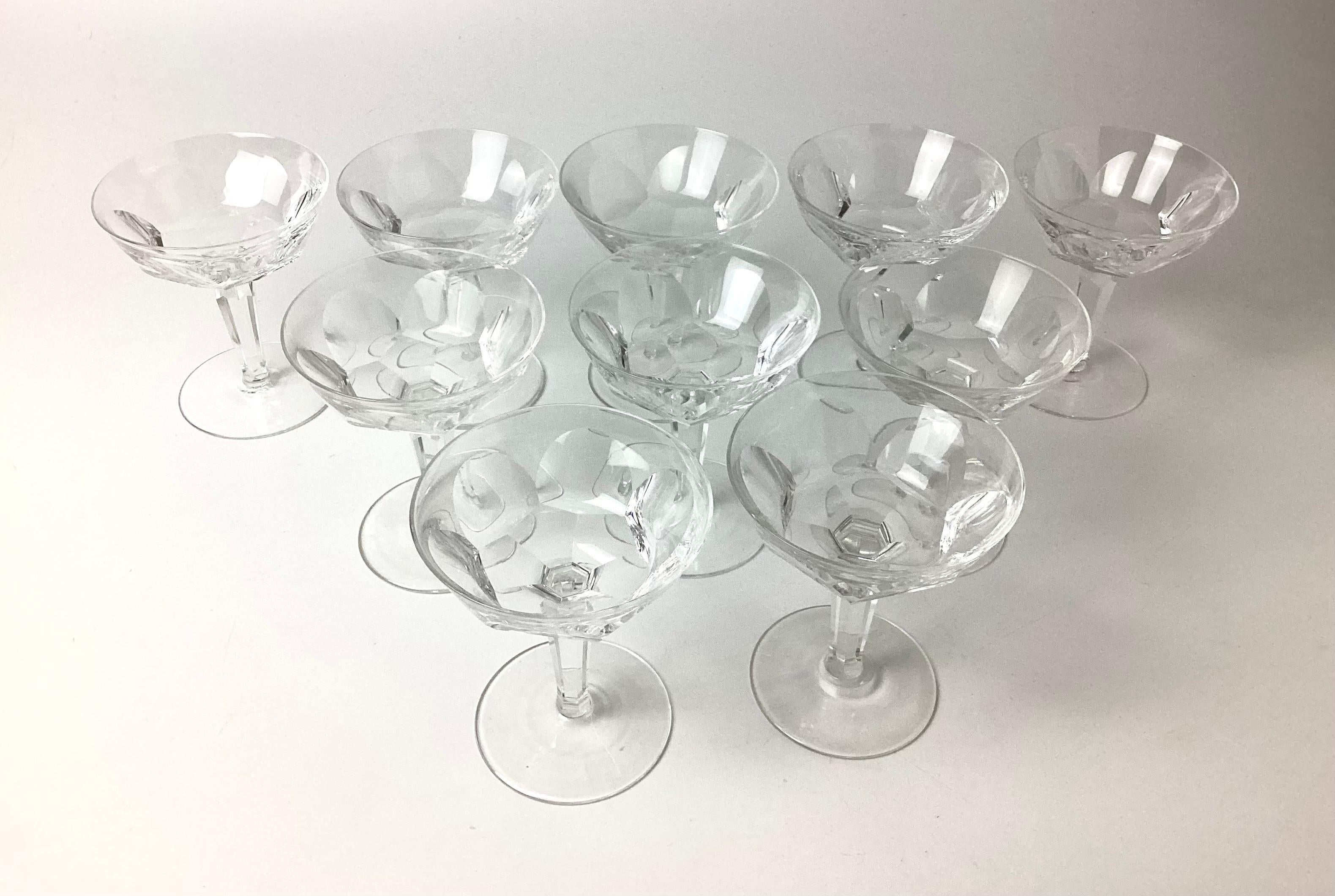 Set of 10 Waterford Sheila cut champagne or tall Sherbet. This pattern has been discontinued. Made from 1958 - 2017. ^cut panels with a multisided stem. Marked with the Waterford mark on the bottoms.