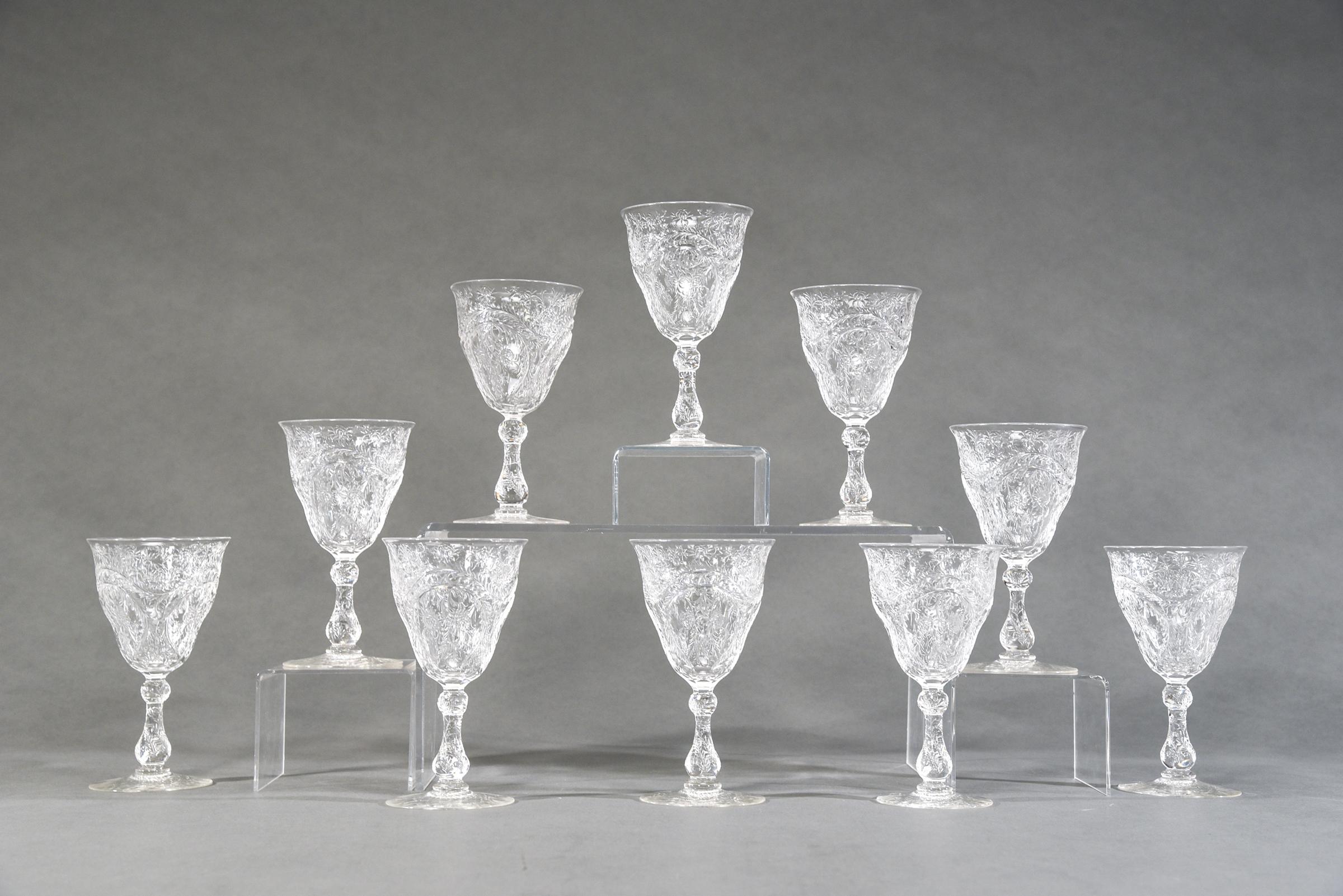 This set of 10 signed Webb hand blown crystal goblets exemplify the magnificent workmanship of this world renown company. The copper wheel cutting is considered so fine as to name it 