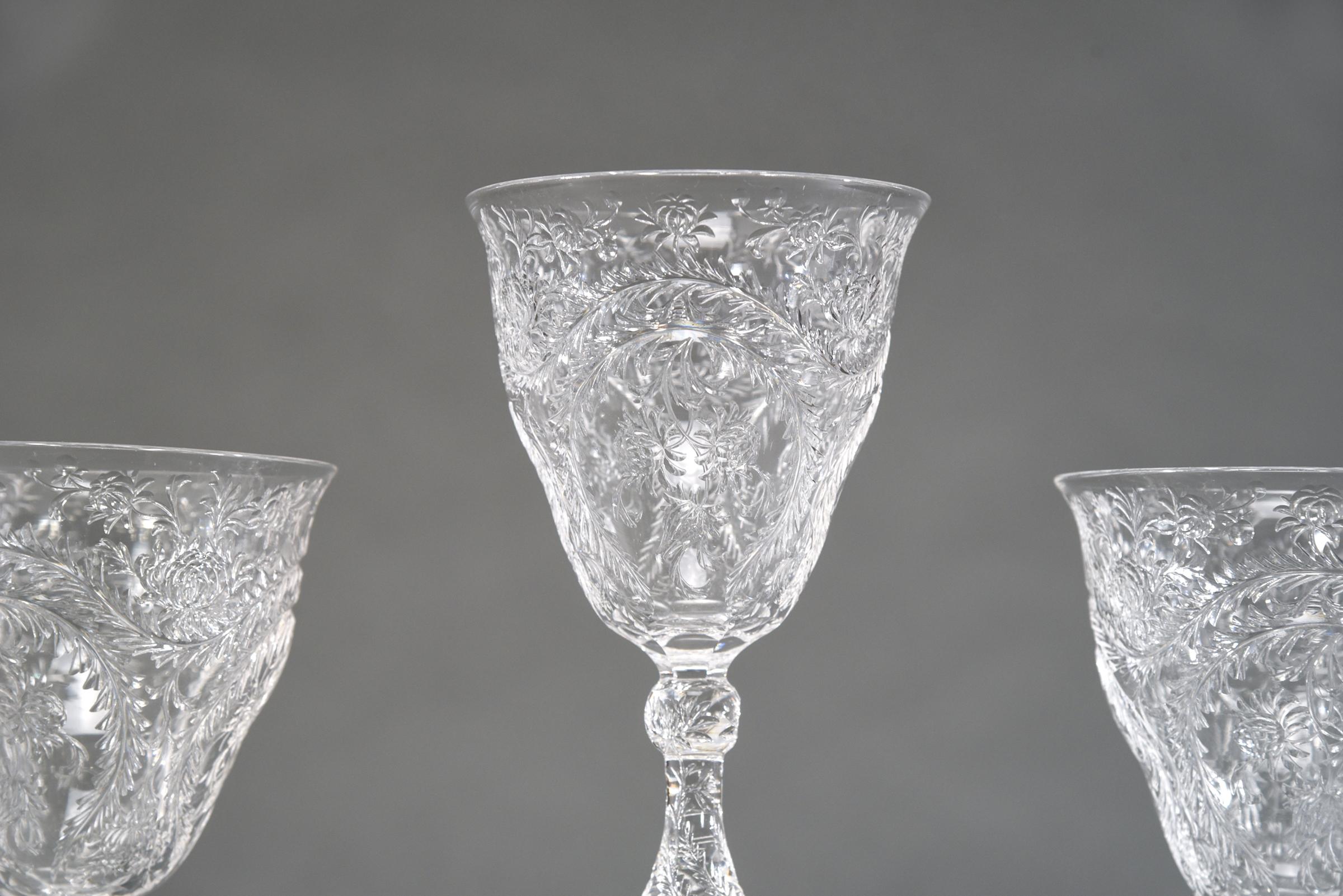 English Set of 10 Webb Hand Blown Rock Crystal Engraved Goblets W/ Thistles Artichokes