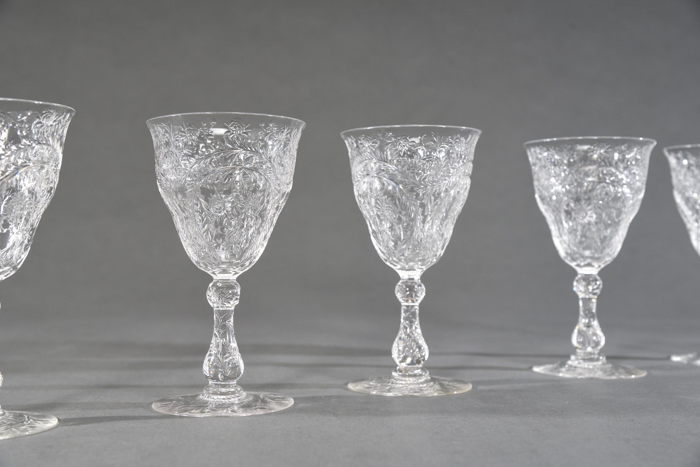 Set of 10 Webb Hand Blown Rock Crystal Engraved Goblets W/ Thistles Artichokes In Excellent Condition In Great Barrington, MA