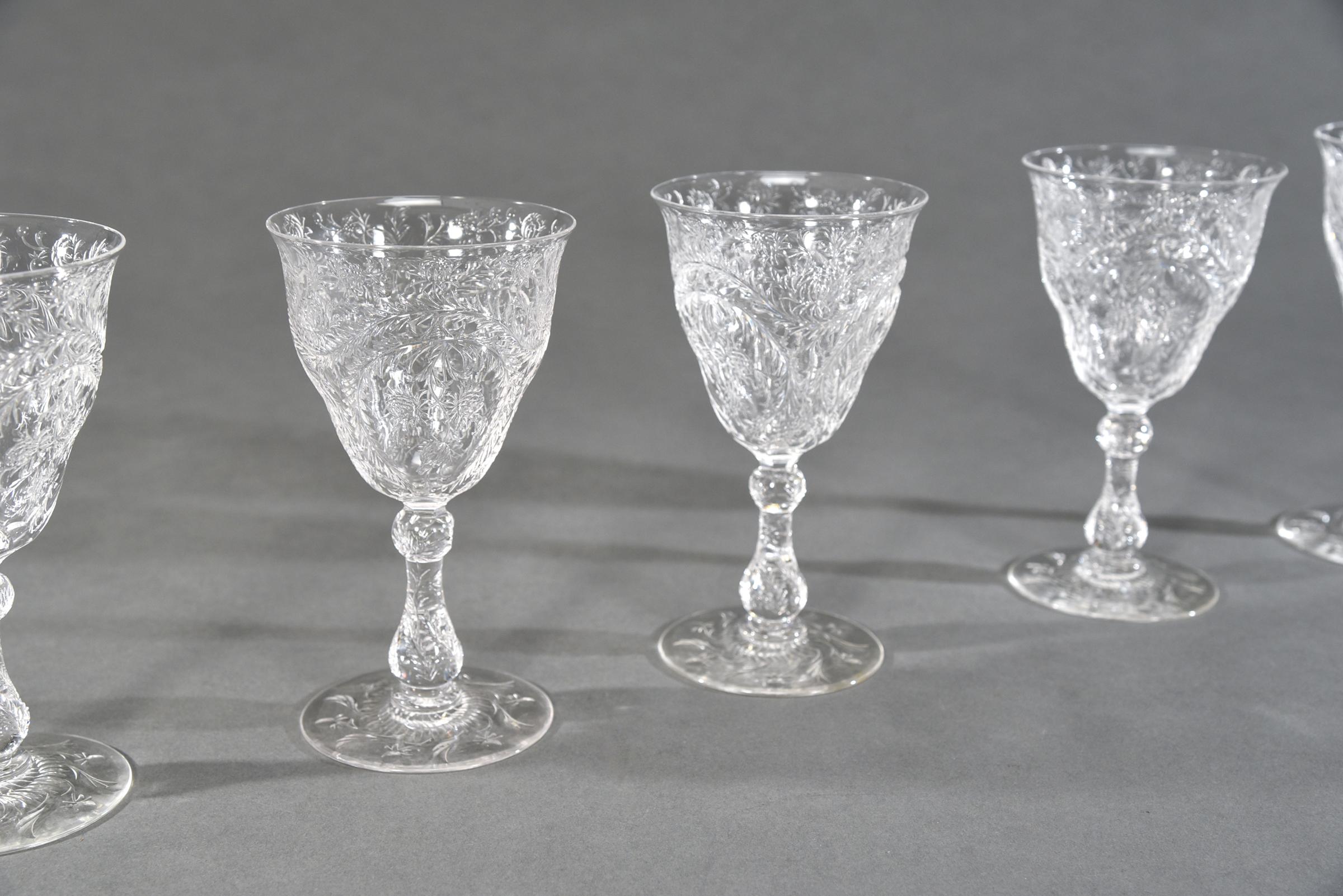 Early 20th Century Set of 10 Webb Hand Blown Rock Crystal Engraved Goblets W/ Thistles Artichokes