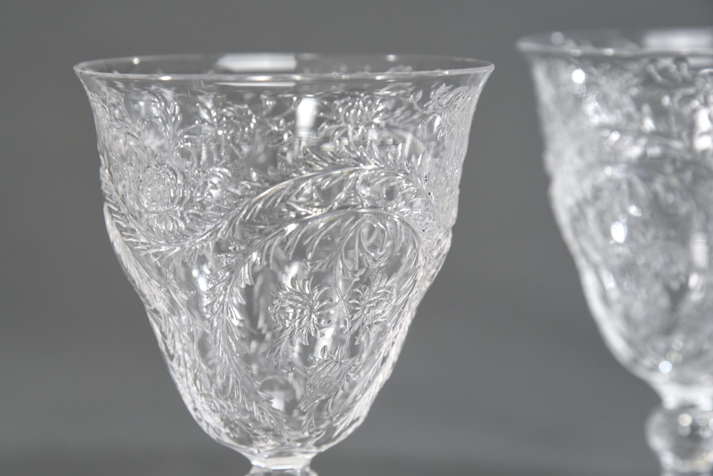Set of 10 Webb Hand Blown Rock Crystal Engraved Goblets W/ Thistles Artichokes 1
