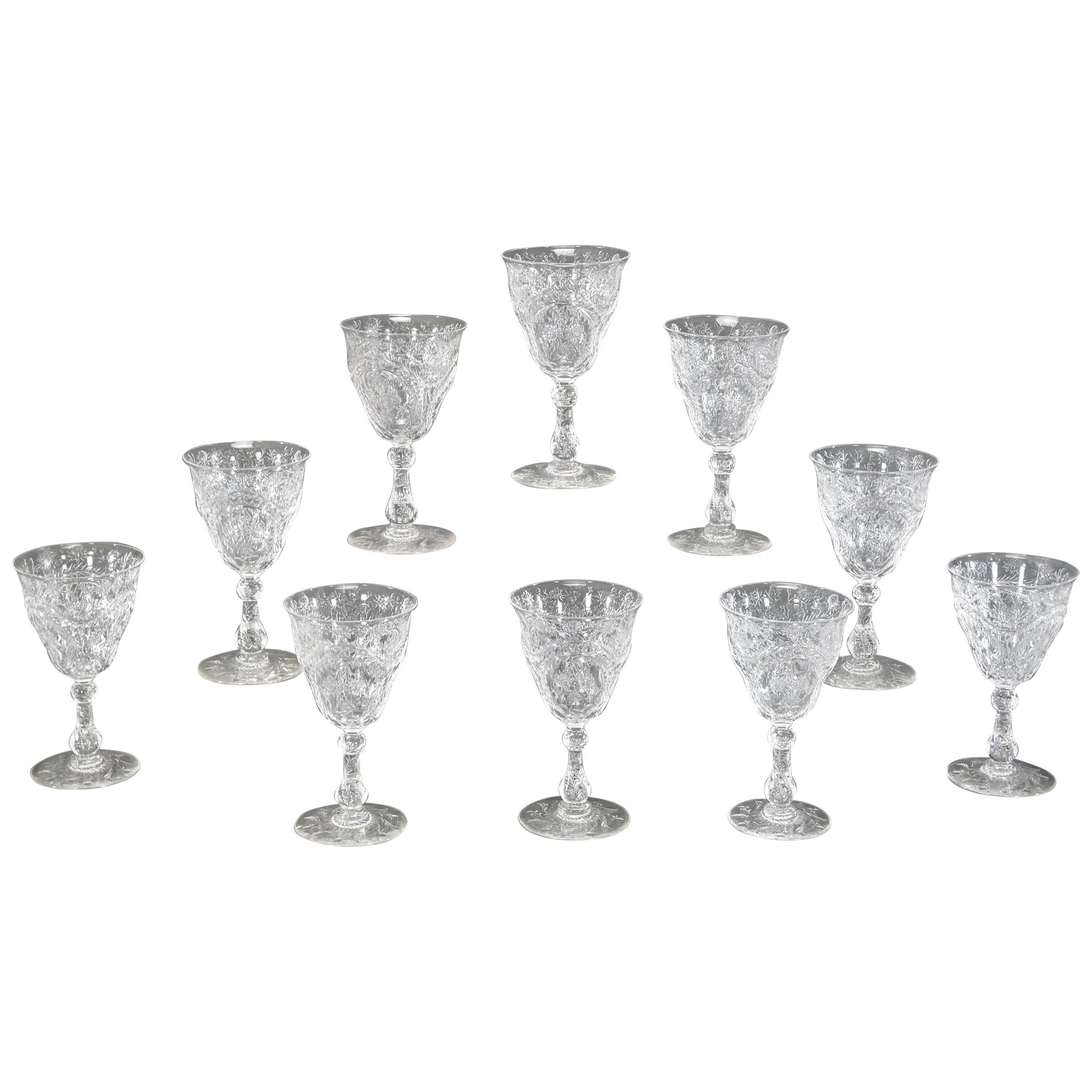 Set of 10 Webb Hand Blown Rock Crystal Engraved Goblets W/ Thistles Artichokes