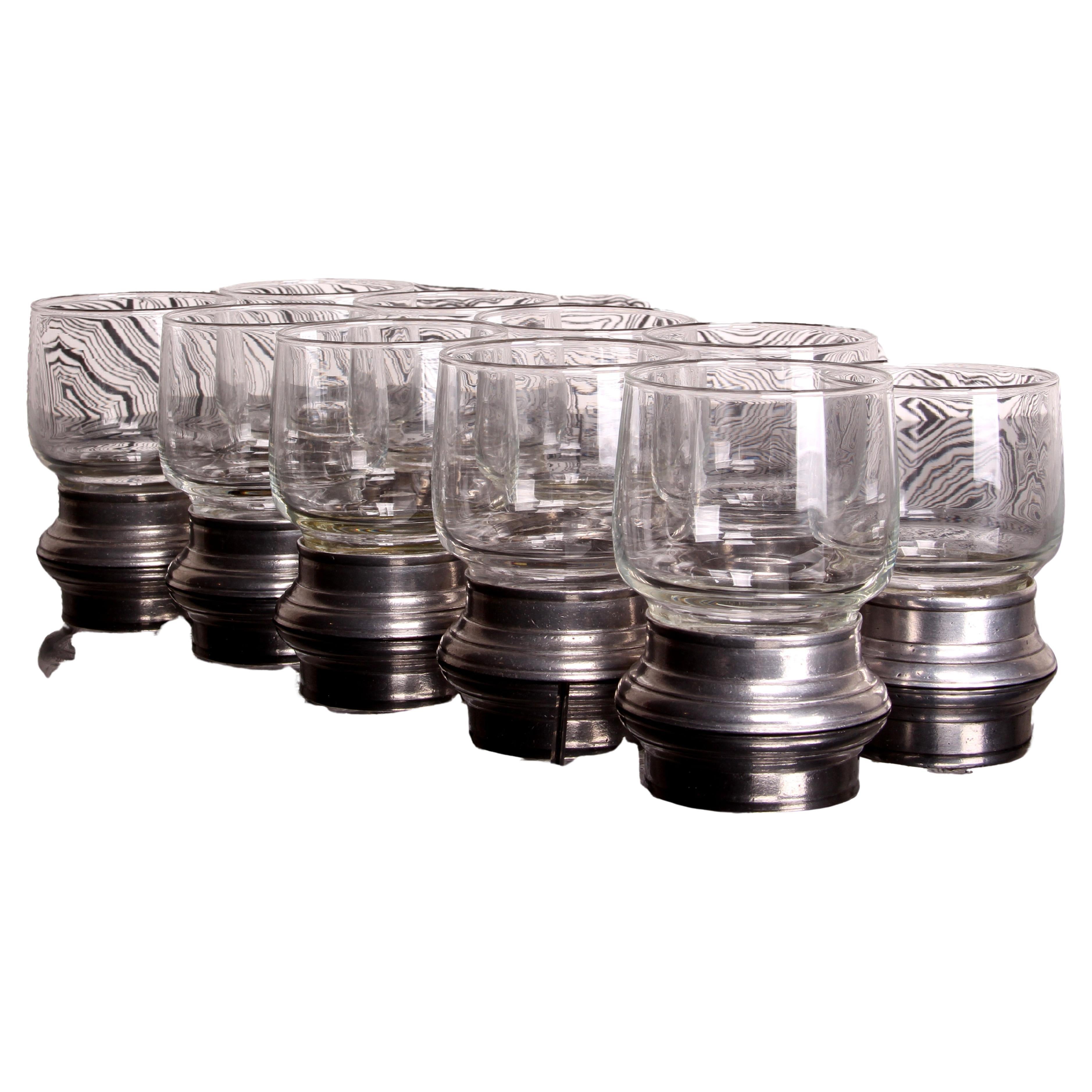 Set of 10 Whisky or Whiskey Glasses Italy Pewter Base 1970s VIP LOUNGE STYLE For Sale 1