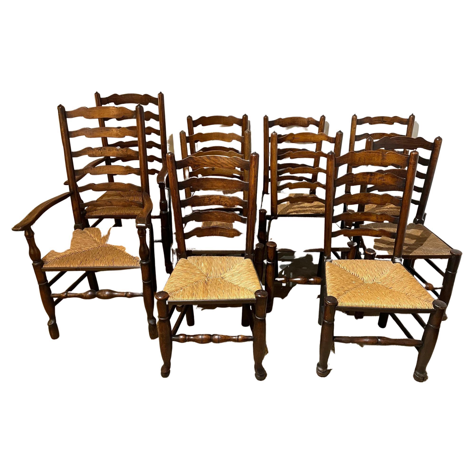 Great set of 8 antique English c. 1760 rush seat side chairs with 2 larger scale carvers/armchairs. Very sturdy with handsome wavy detail.