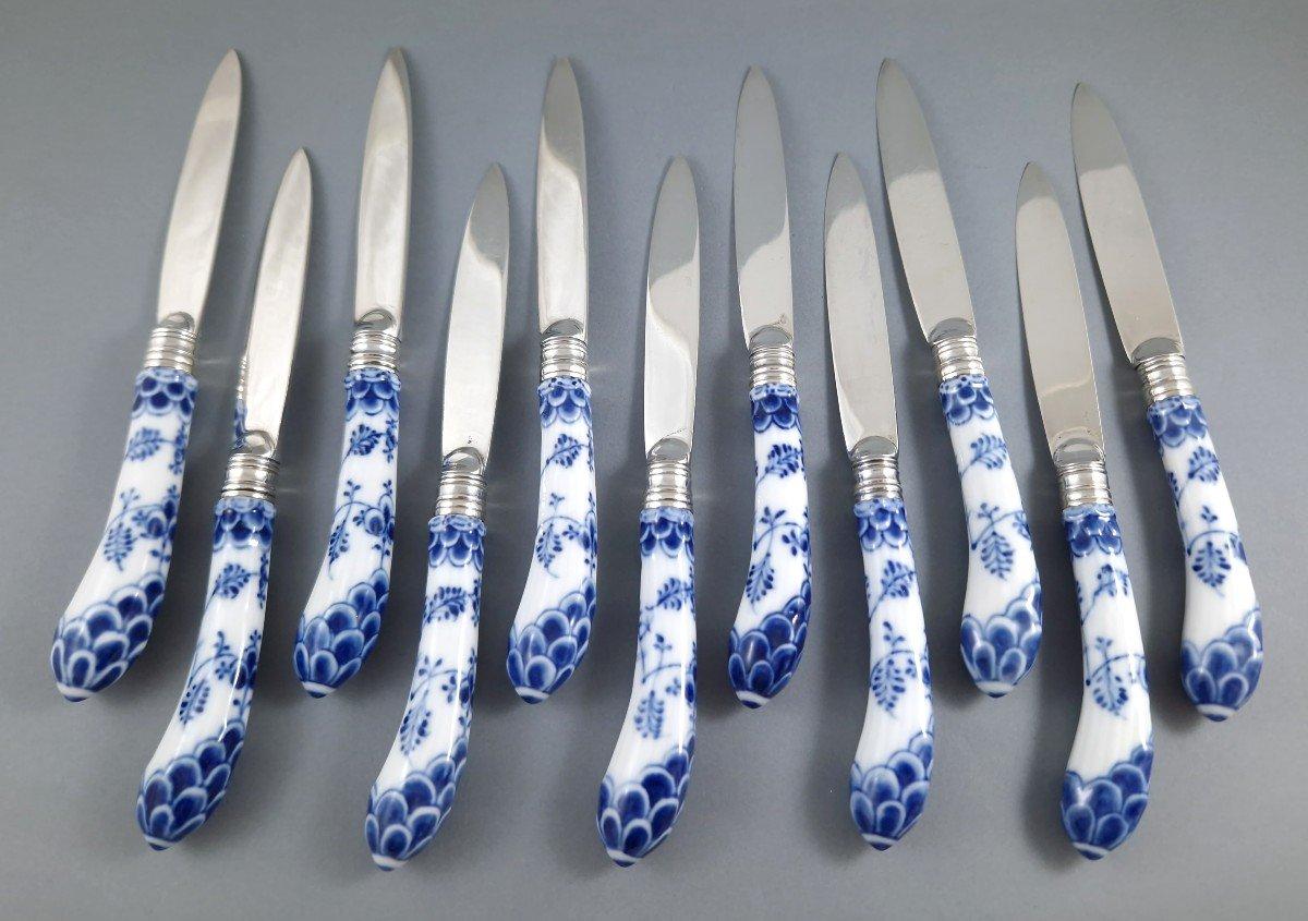 Metà XVIII secolo Set di 11 coltelli del XVIII secolo in argento e porcellana in vendita