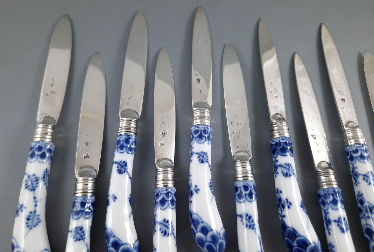 Argento 925 Set di 11 coltelli del XVIII secolo in argento e porcellana in vendita