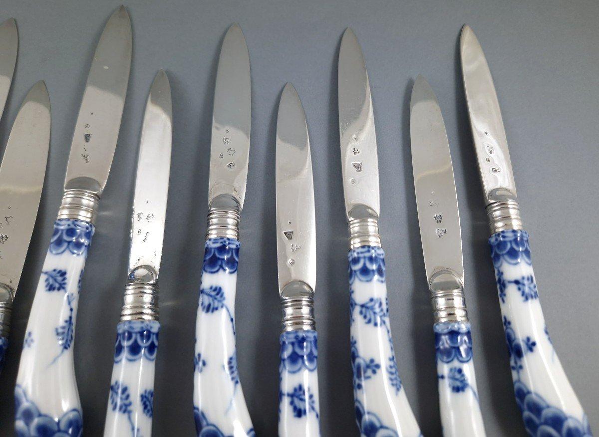 Set di 11 coltelli del XVIII secolo in argento e porcellana in vendita 1