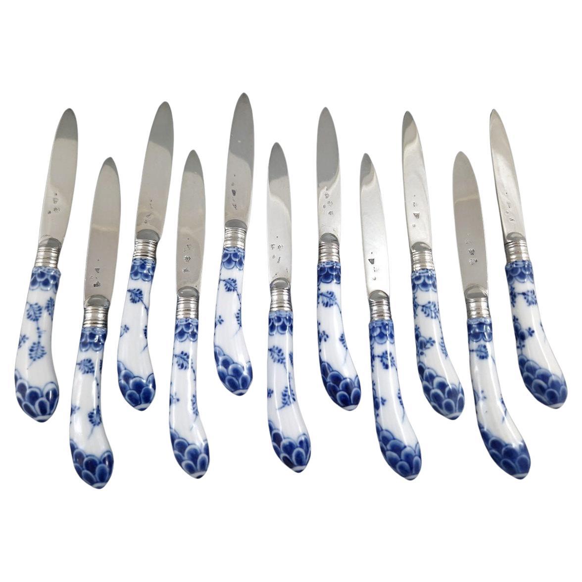 Set di 11 coltelli del XVIII secolo in argento e porcellana in vendita
