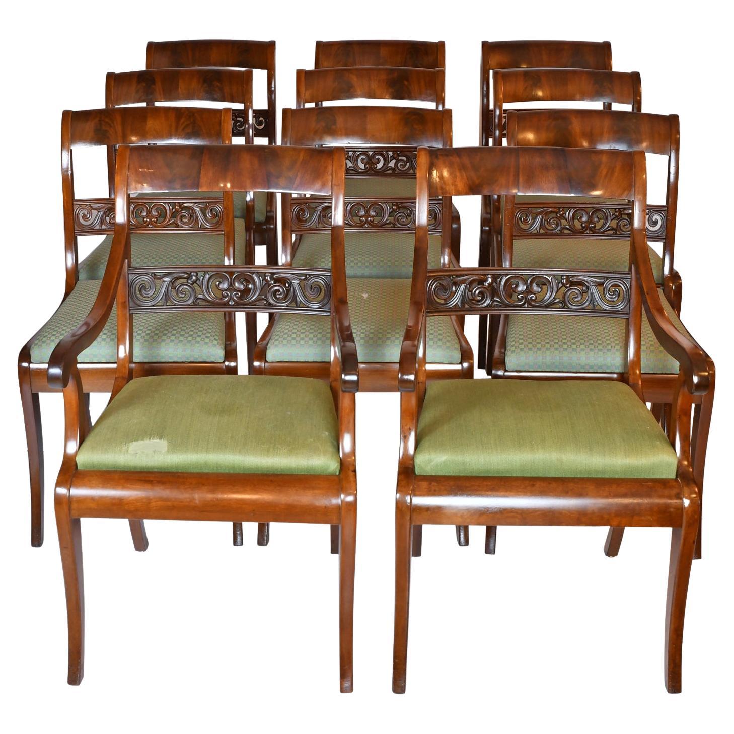 Set of 11 Antique Dining Chairs with 9 Sides & 2 Arms in West Indies Mahogany For Sale