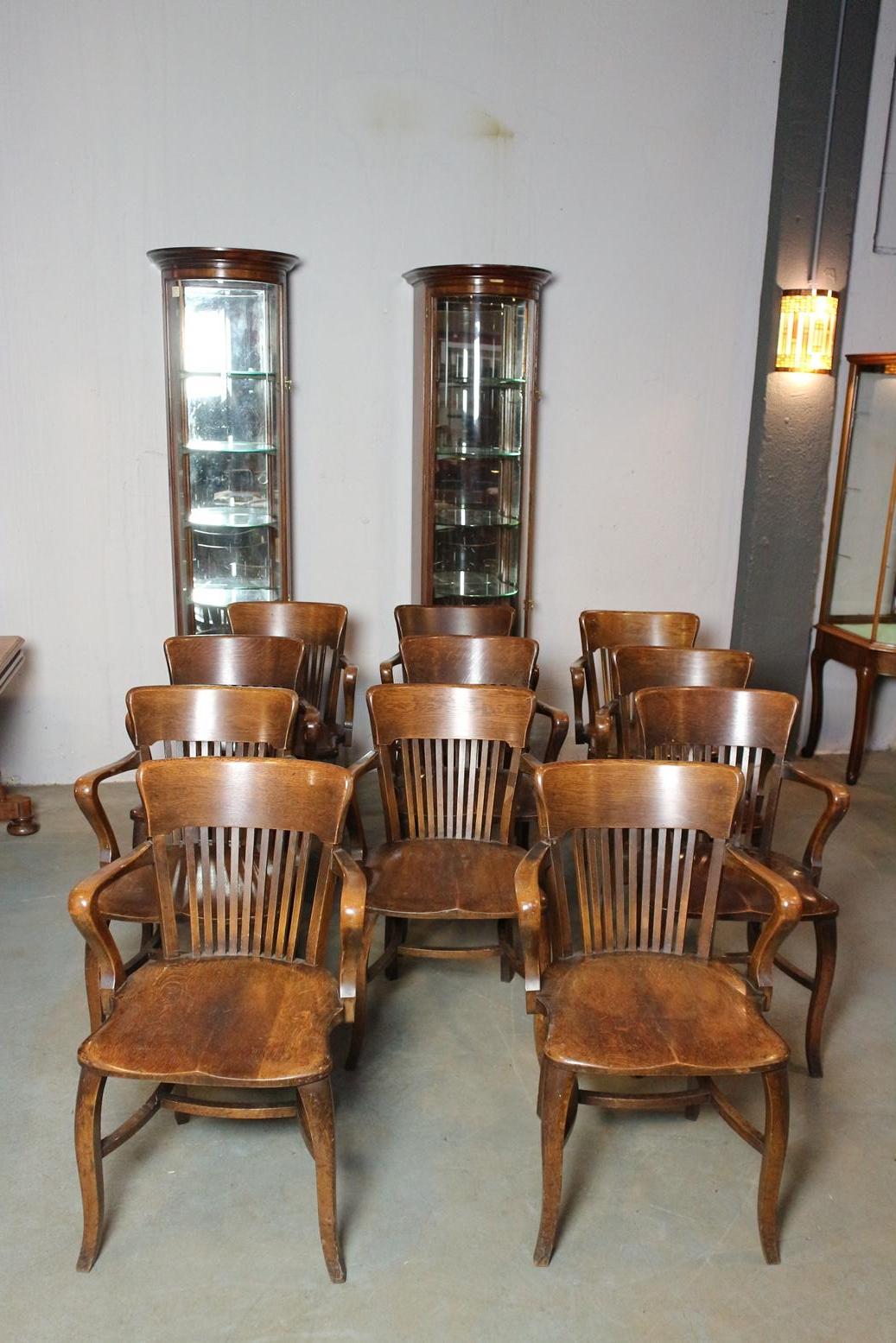 Nice set of 11 antique oak identical office chairs. Nice to use as dining room chairs or at a conference table. Good and comfortable chair. In good original condition. With signs of use.
Origin: England
Period: Approx. 1920.
