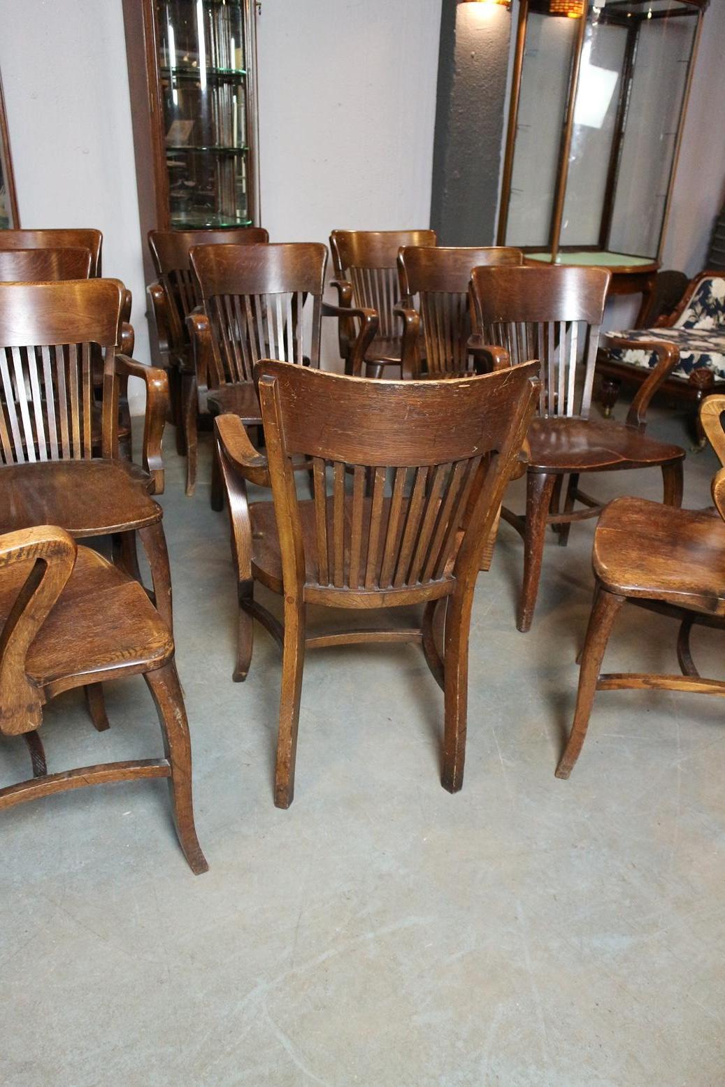 British Set of 11 Antique Oak Identical Office Chairs