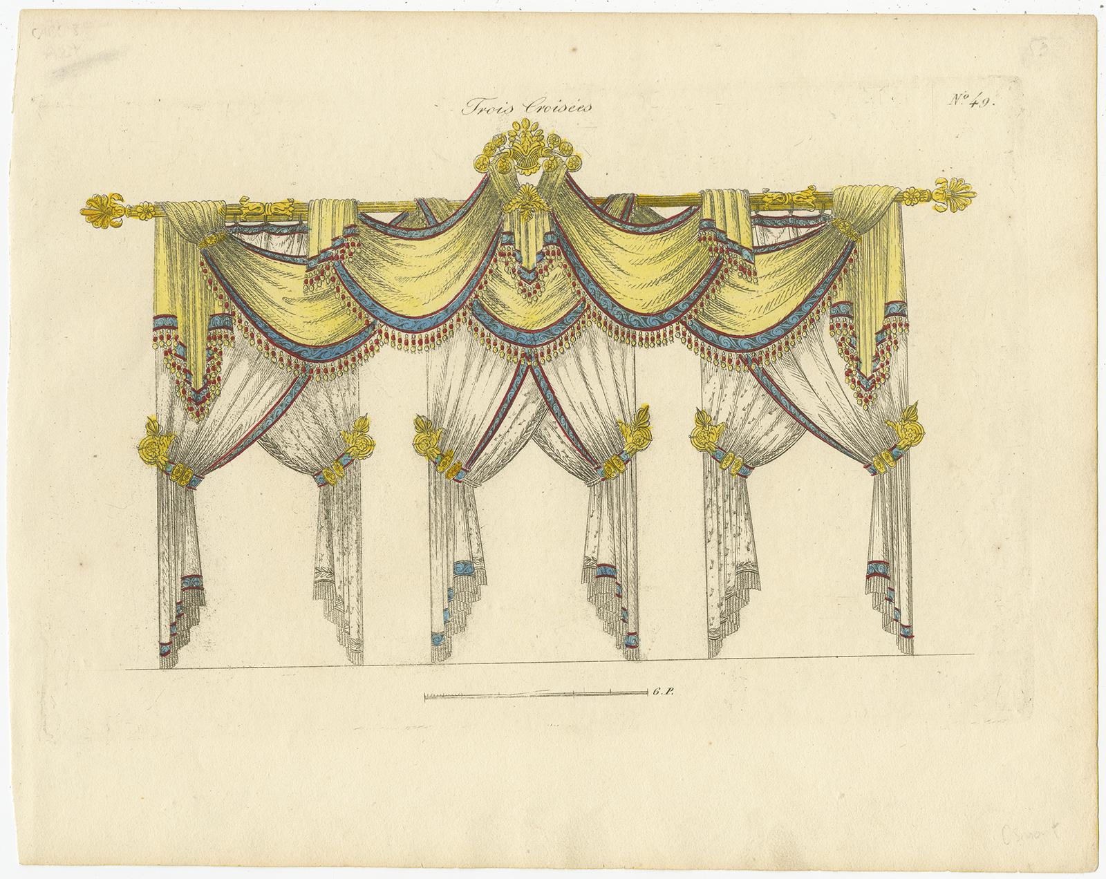 Beatiful set of eleven antique prints depicting various draperies. Part of a series of 7 cahiers issued in Paris by Hallavant, Osmont and Pinsonniere between 1810 and 1839 with measured drawings of Empire style draperies for window treatments and