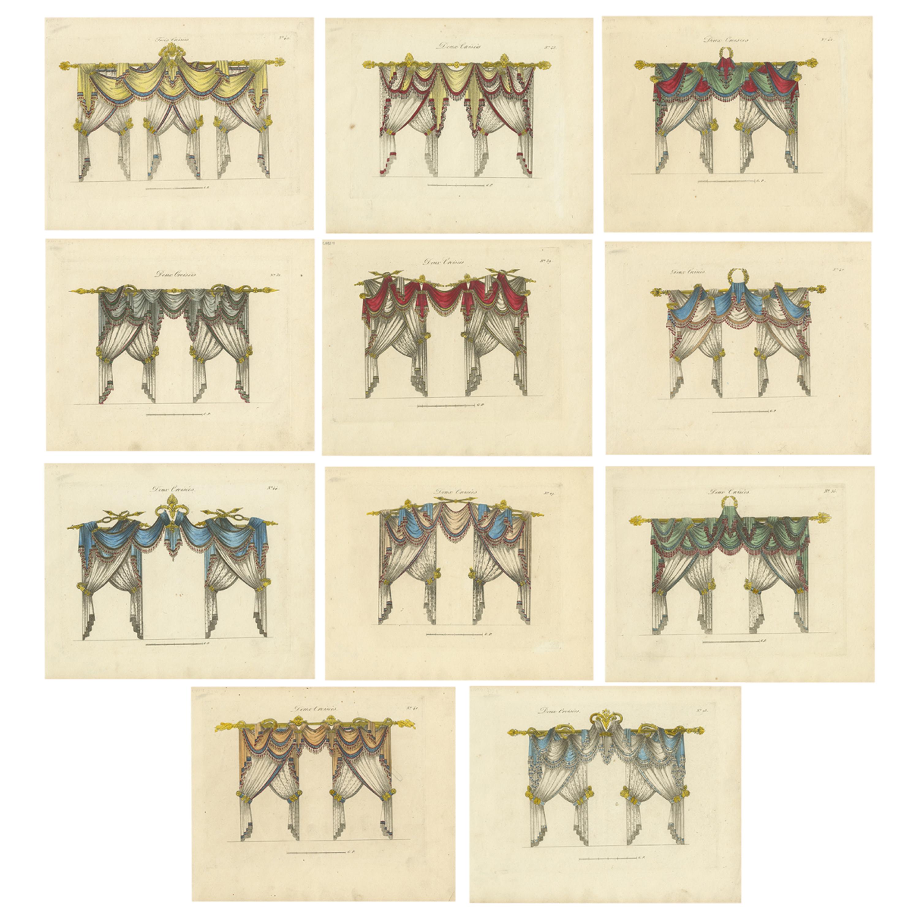 Set of 11 Antique Prints of Various Draperies by Osmont, circa 1820 For Sale