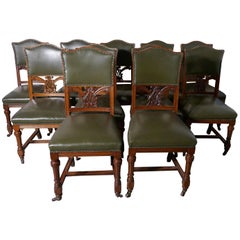 Antique Set of 11 Arts & Crafts Golden Oak and Leather Dining Chairs