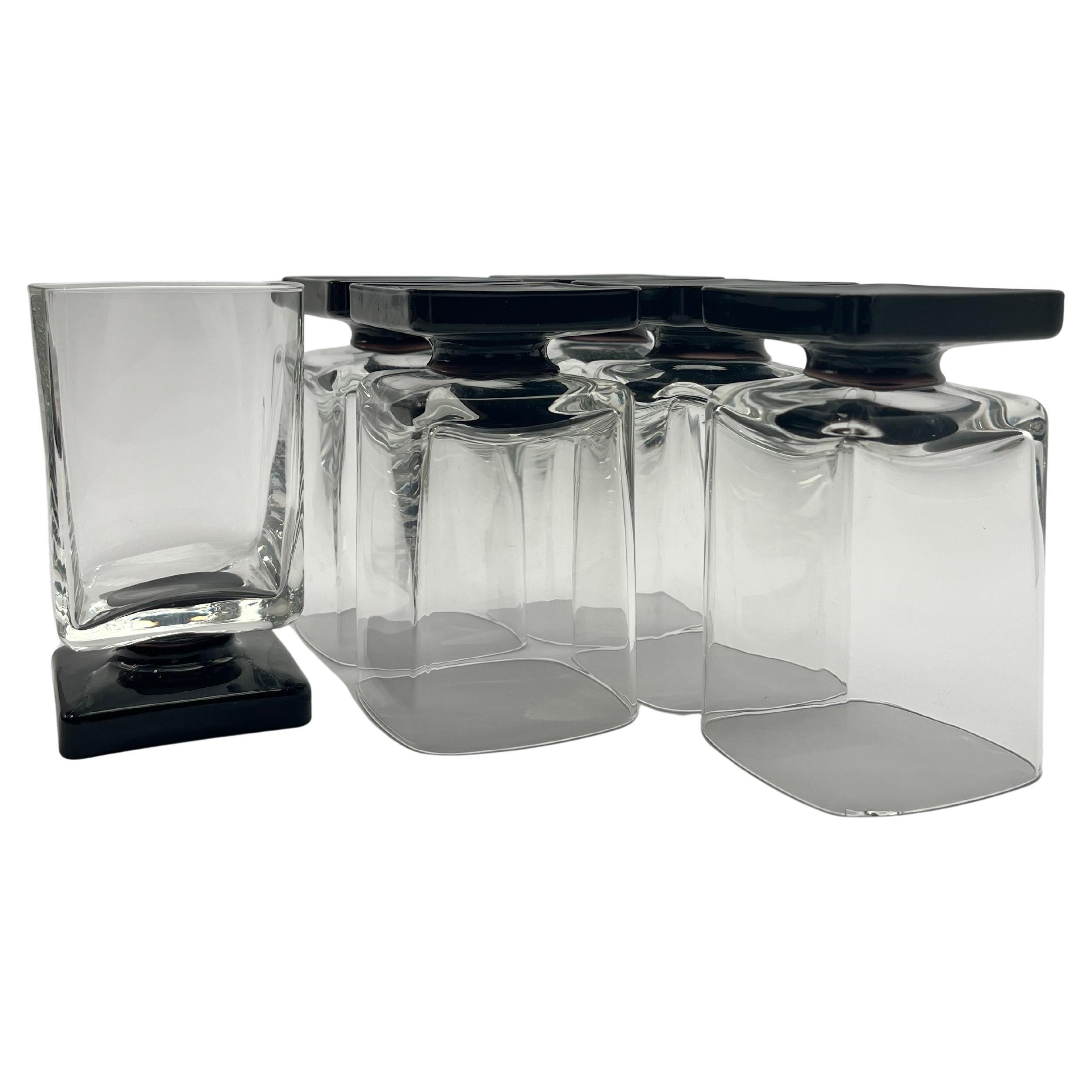 Set of 11 Black glass Square Footed Cocktail Glasses 1970s
