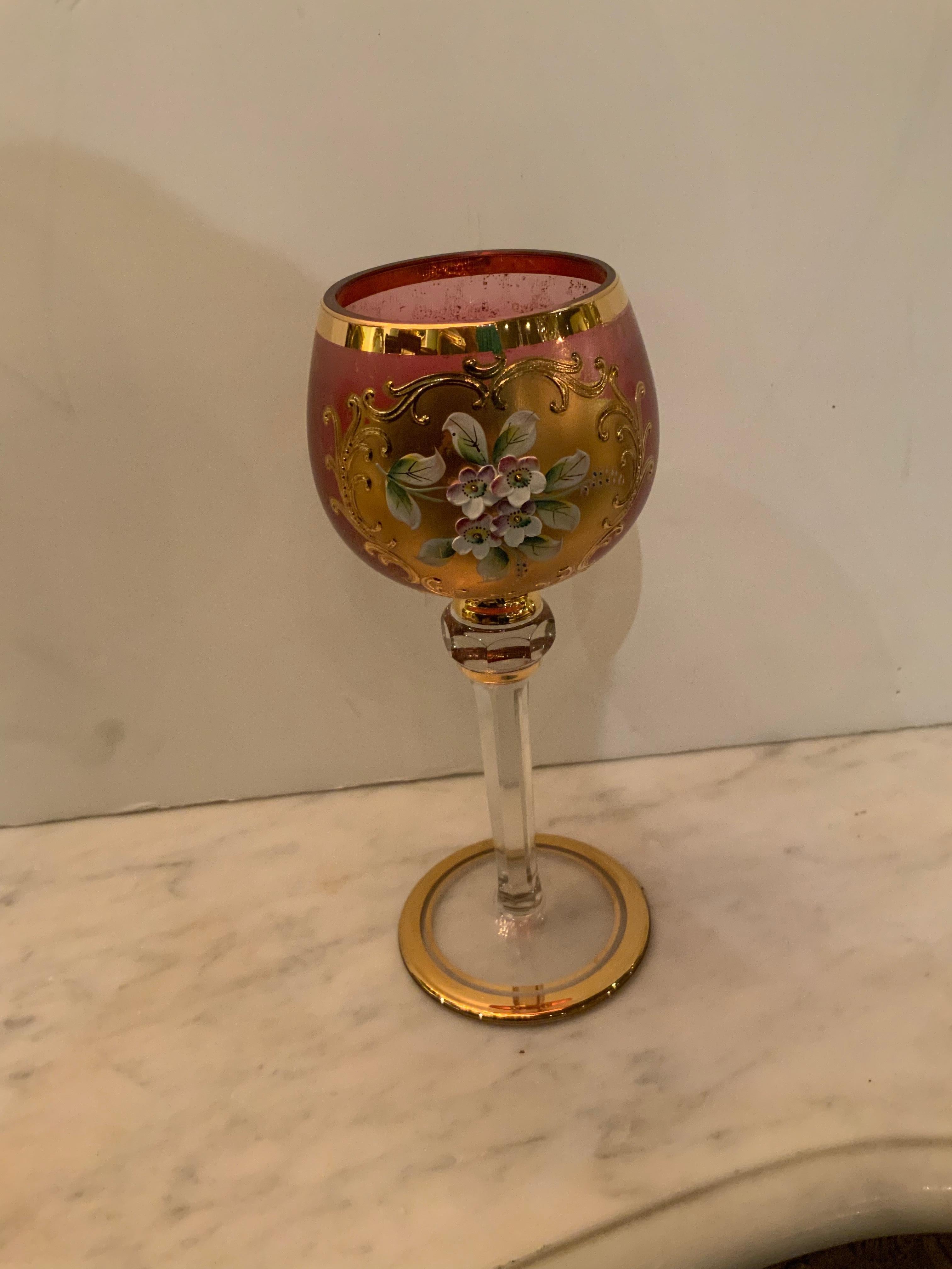20th Century Set  of 11 Bohemian Crystal Hand Painted Wine Stems in Rose Hue For Sale