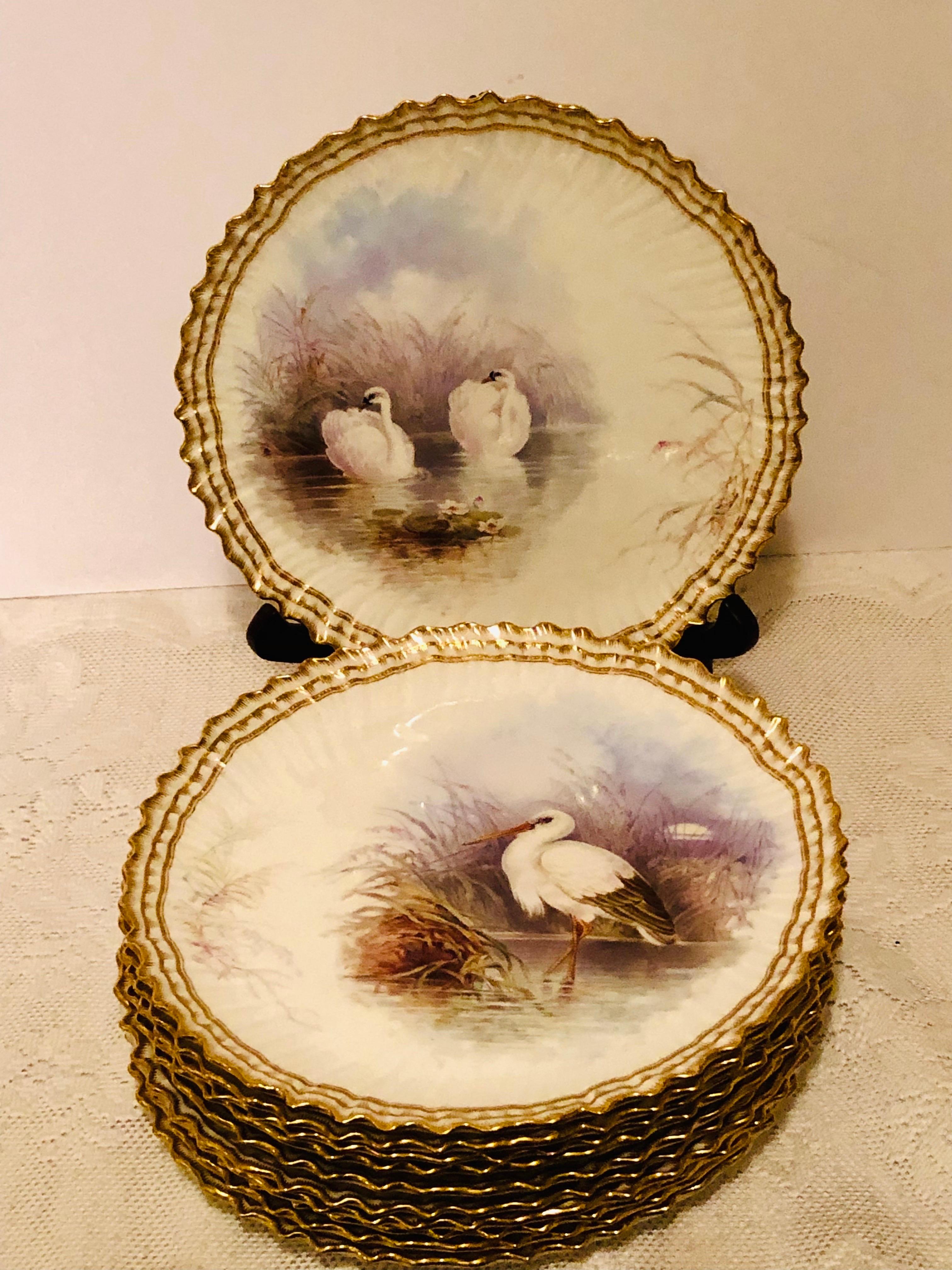 I want to offer you this rare set of bird plates that are each painted differently with gorgeous bird paintings of rare birds like swans and flamingos and many others. If you look through the pictures, you will be amazed of the artistic talent of