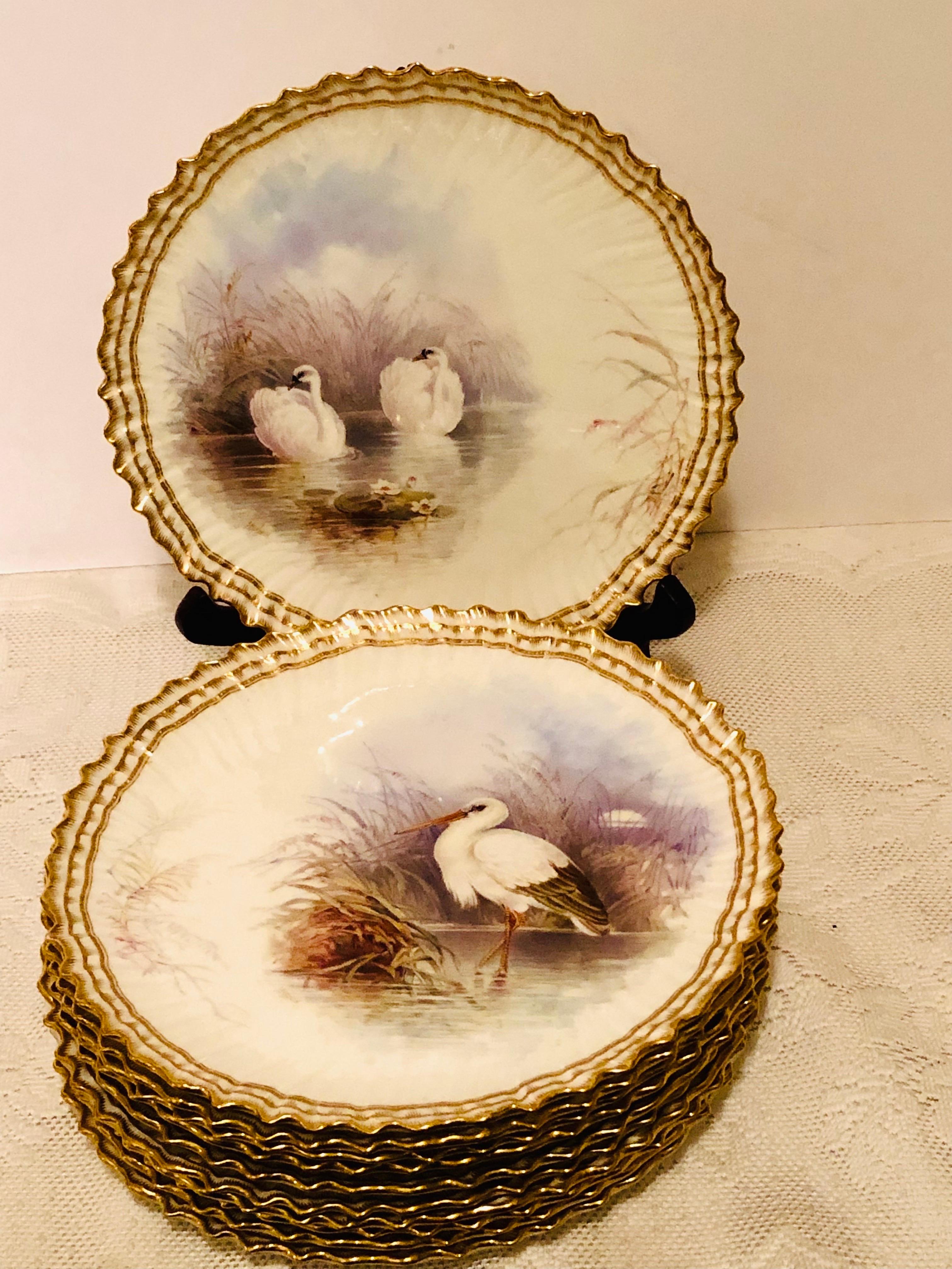 Romantic Set of 11 Cauldon Plates Each Painted Exquisitely With a Different Bird 