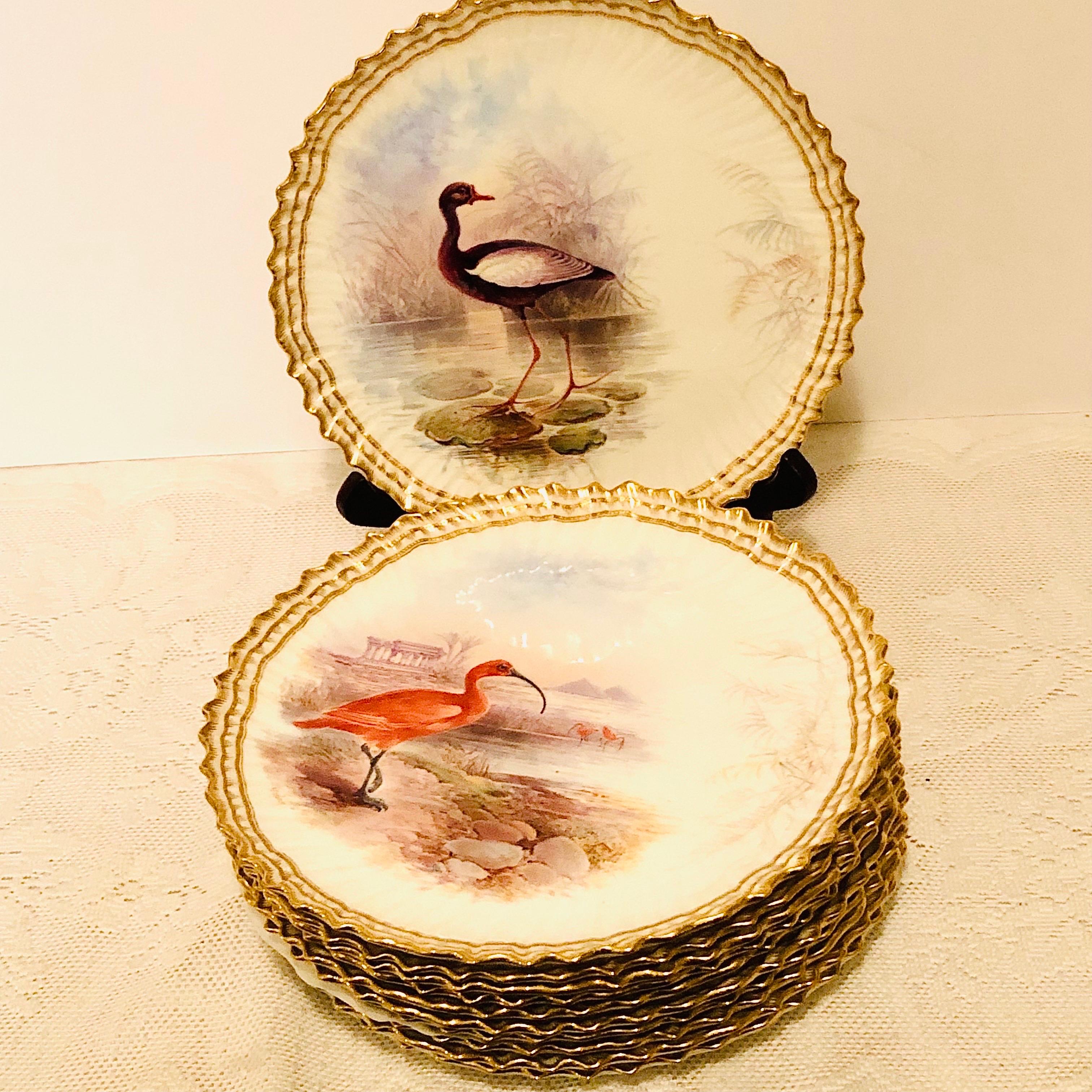 Hand-Painted Set of 11 Cauldon Plates Each Painted Exquisitely With a Different Bird 