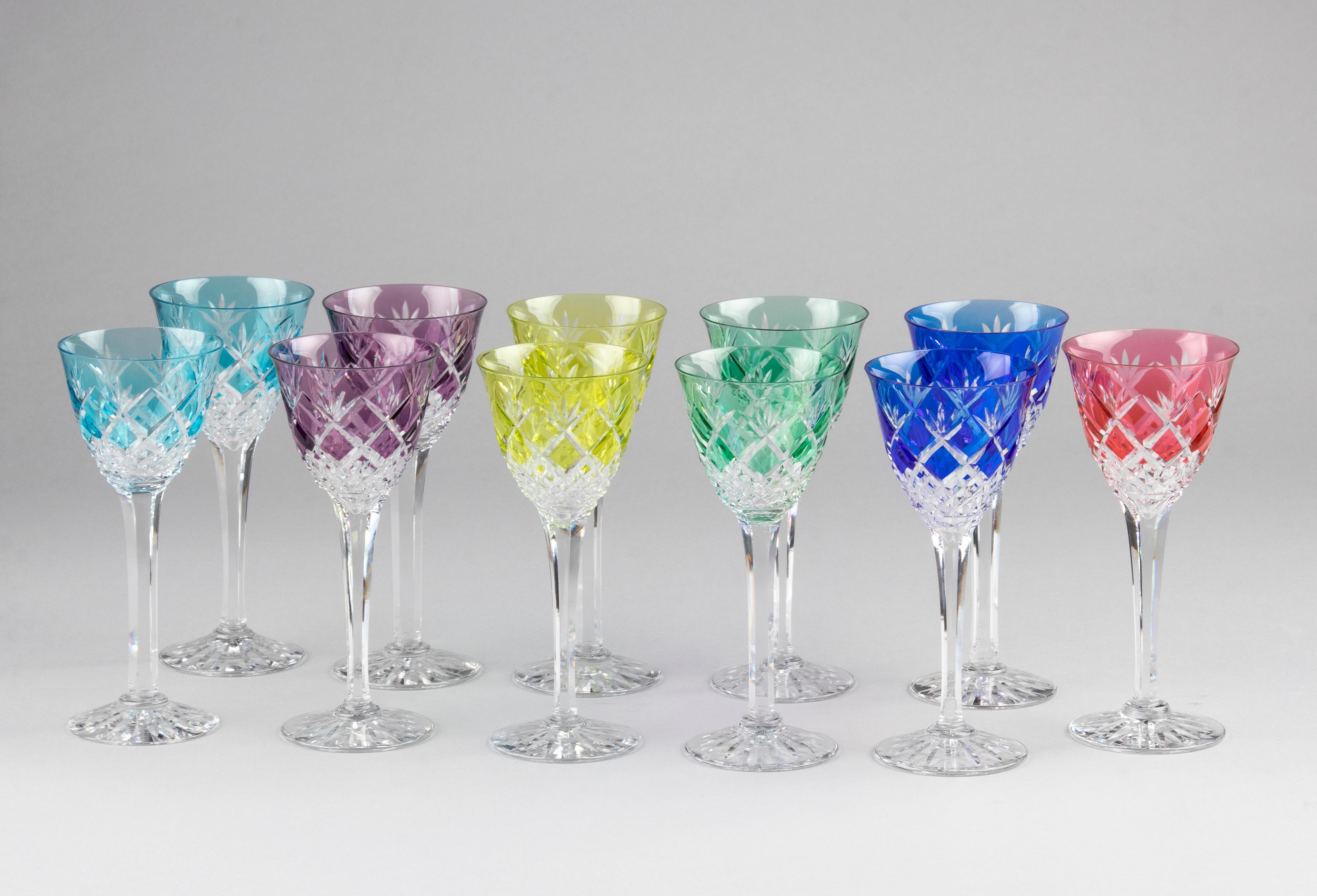 Mid-Century Modern Set of 11 Crystal Colored Wine Glasses For Sale