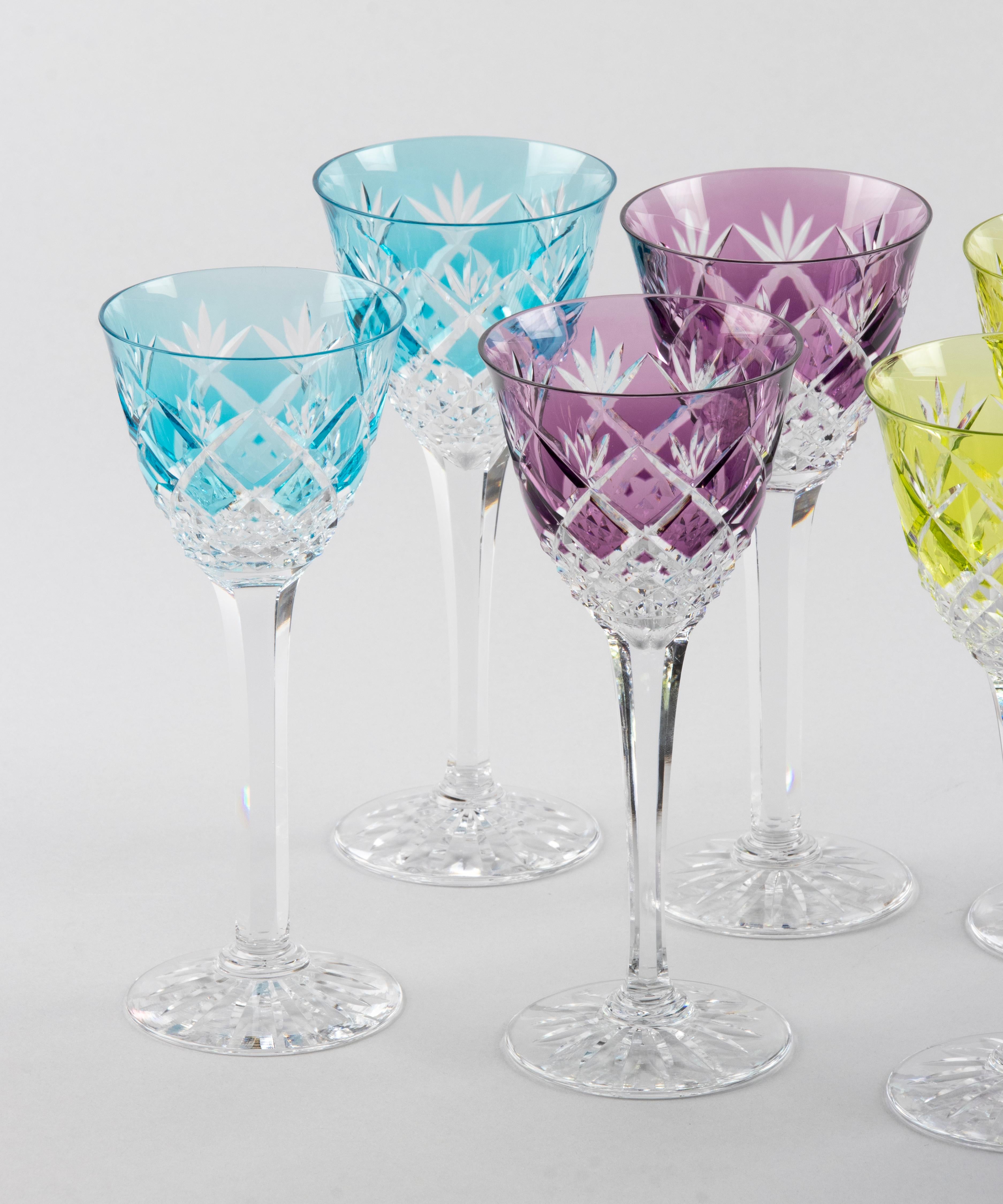 French Set of 11 Crystal Colored Wine Glasses For Sale