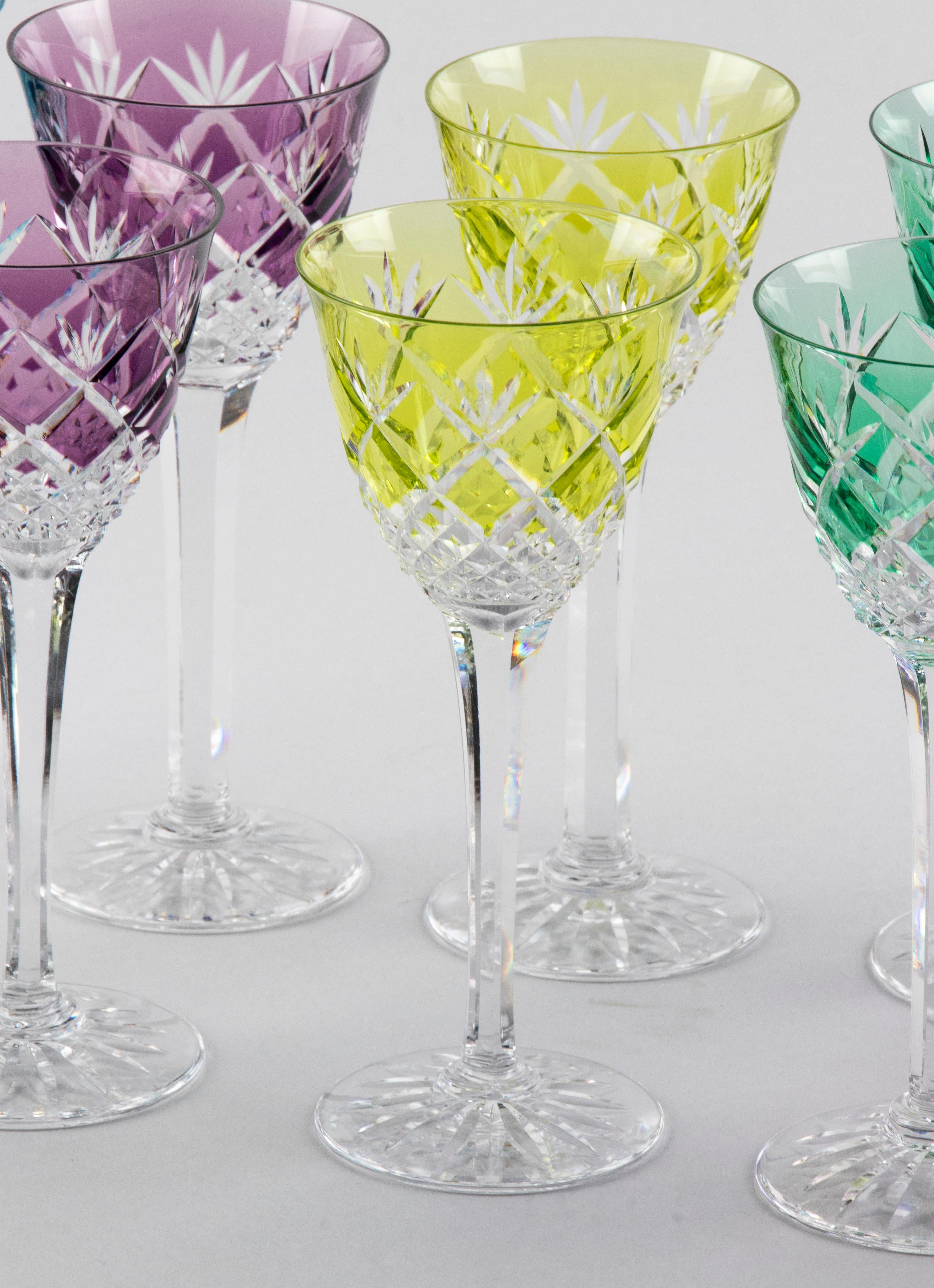 Hand-Crafted Set of 11 Crystal Colored Wine Glasses For Sale