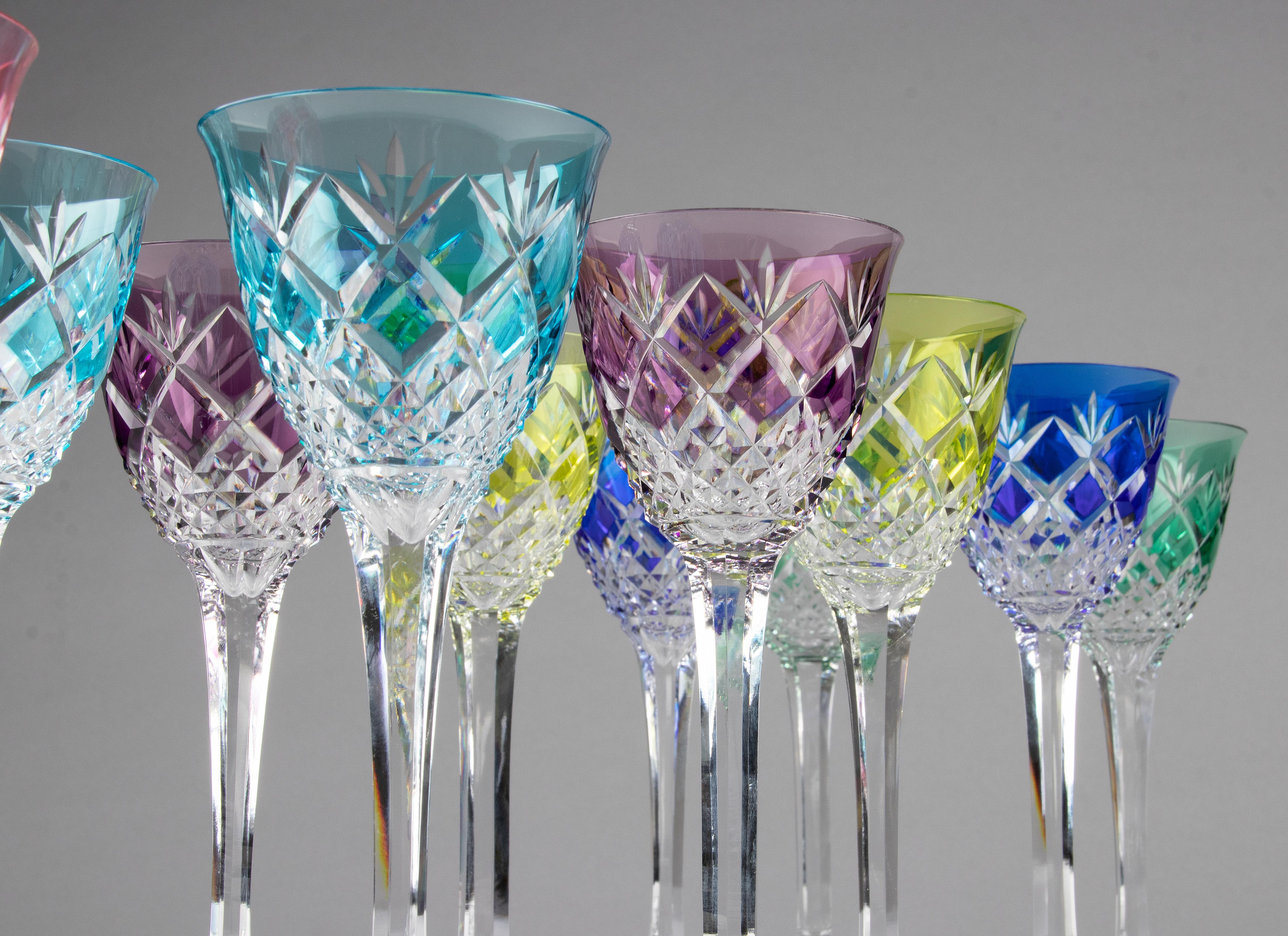 Set of 11 Crystal Colored Wine Glasses For Sale 2