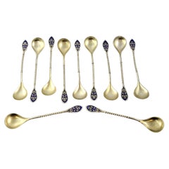 Antique Set of 11 David Andersen Sterling Silver Gold Wash Enamel Spoons