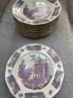Set of 11 Early 20th Century Czech Purple Transferware Plates with Gilt Trim
