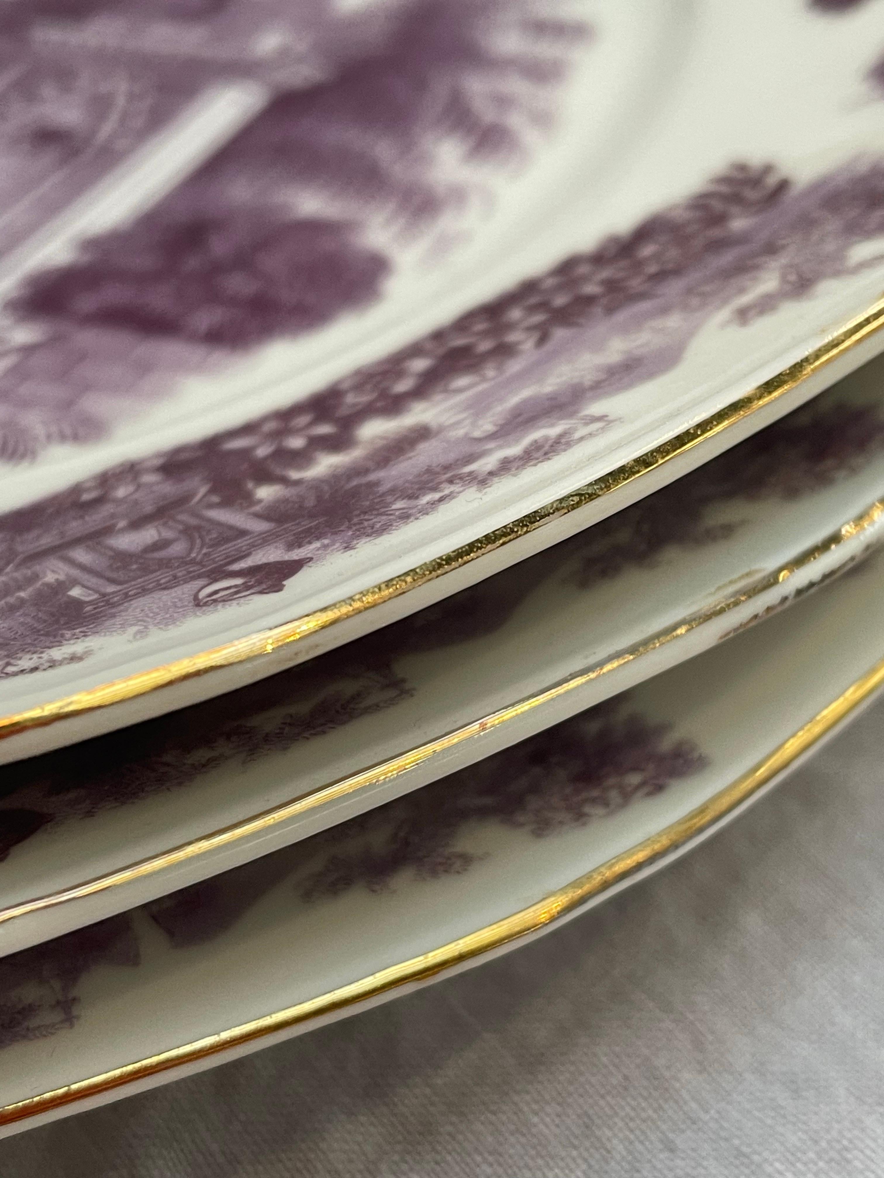 Porcelain Set of 11 Early 20th Century Czech Purple Transferware Plates with Gilt Trim For Sale