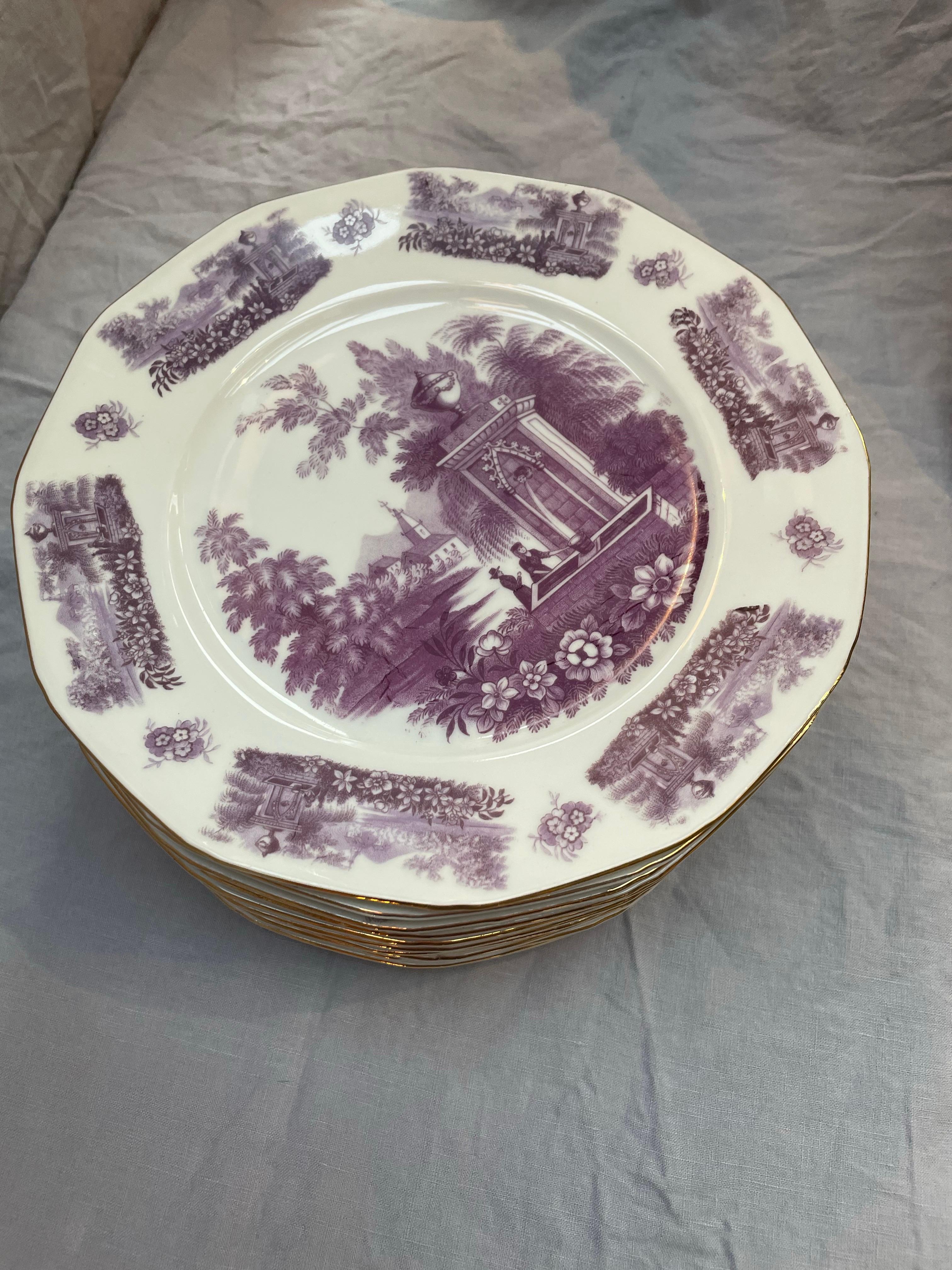 Set of 11 Early 20th Century Czech Purple Transferware Plates with Gilt Trim For Sale 1