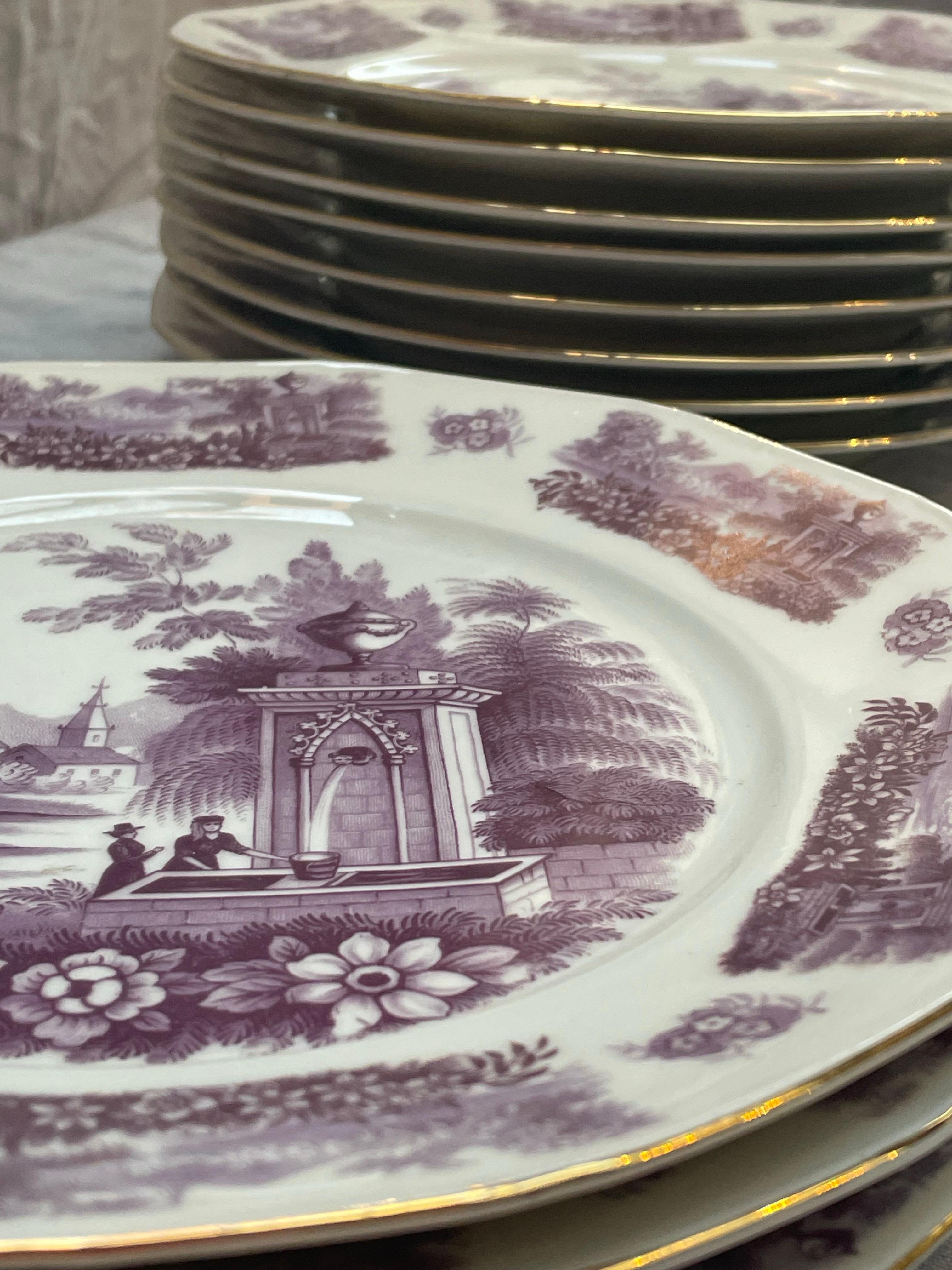 Set of 11 Early 20th Century Czech Purple Transferware Plates with Gilt Trim For Sale 5